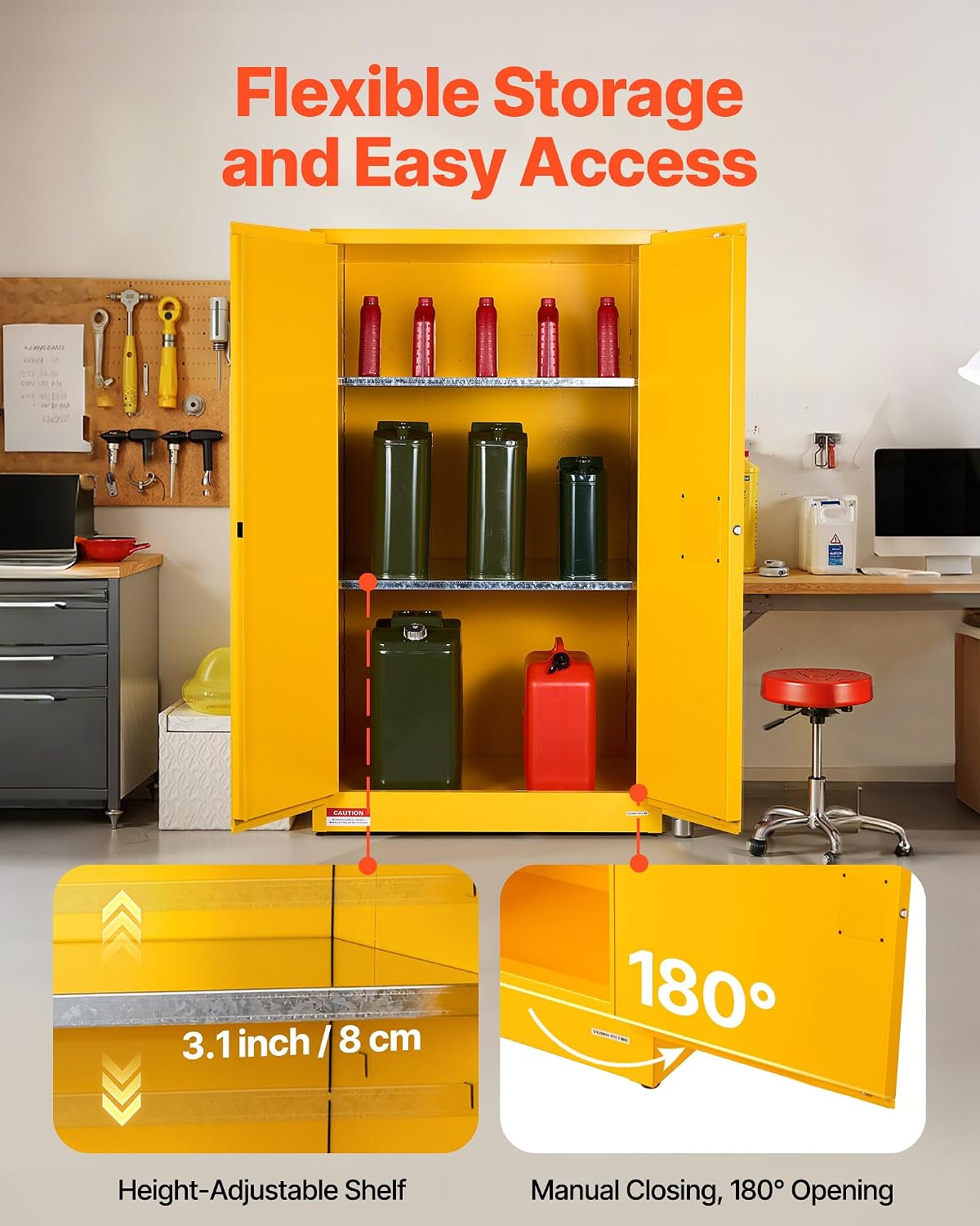 VEVOR Flammable Cabinet 34' x 38' x 65', 65 Gallon Flammable Storage Cabinet with Adjustable Shelf, Cold-Rolled and Galvanized Steel Fire Cabinets, for Commercial Industrial Home Use, Yellow