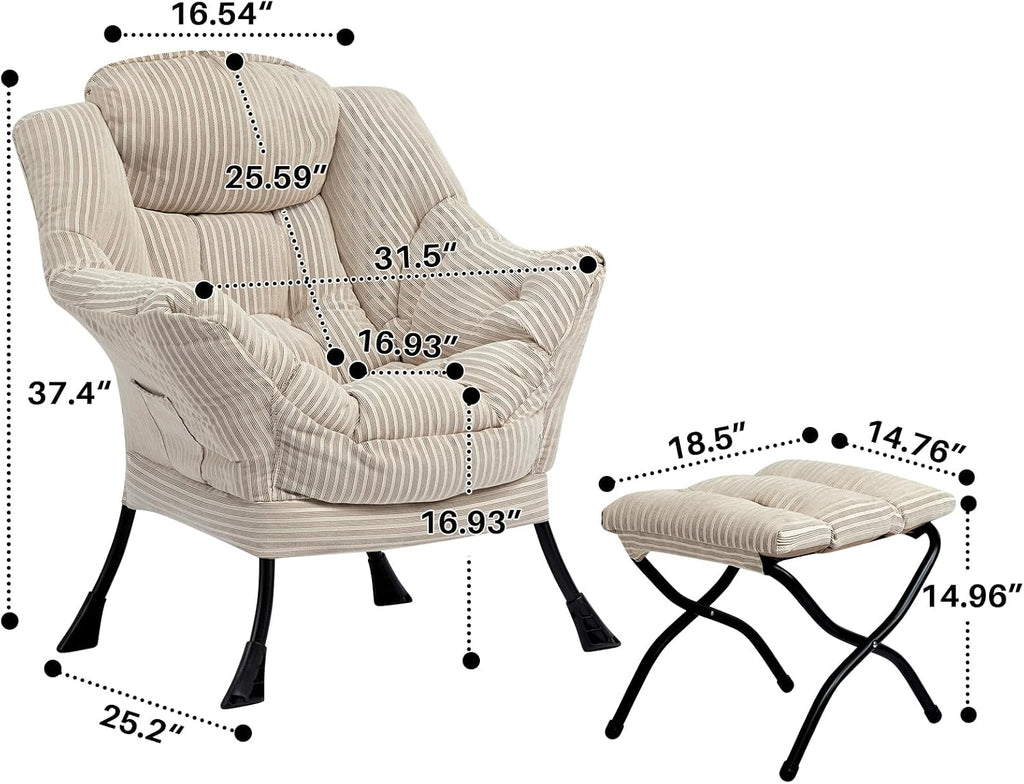 HollyHOME Lazy Chair with Foldable Ottoman, Accent Comfy Lounge Armchair and Folding Footrest Stool, Leisure Sofa Reading Chair and Footstool for Living Room, Bedroom, Dorm,Beige Stripe