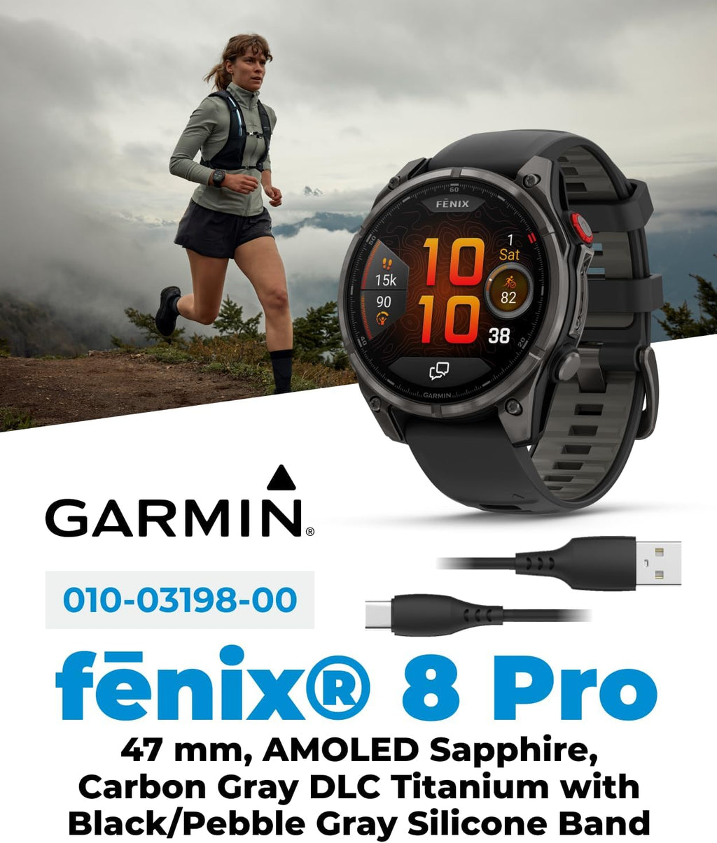 Garmin Fenix 8 Pro 47mm AMOLED Sapphire Premium Connected Multisport GPS Smartwatch, inReach Technology, Carbon Gray DLC Titanium w/Black Silicone Band with Black Earbuds Bundle