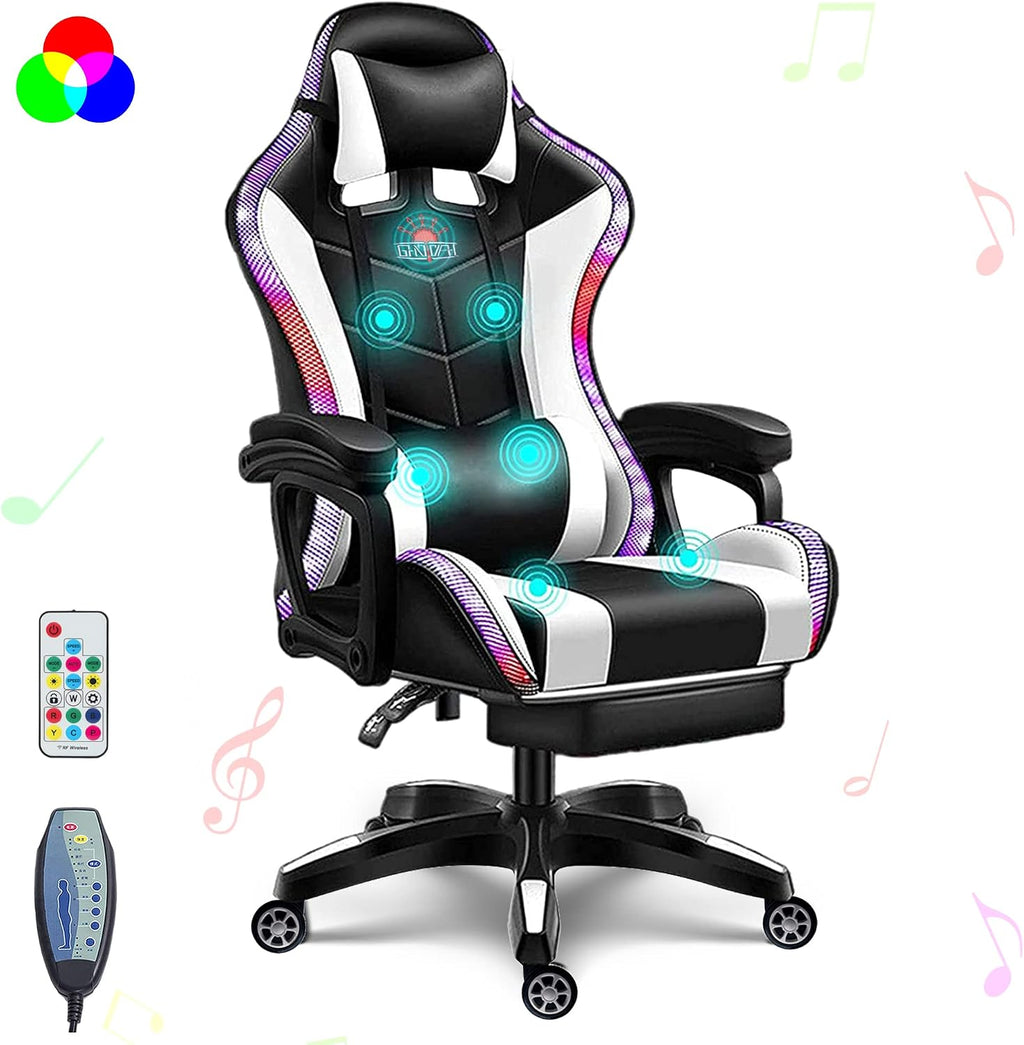 Gaming Chairs for Kids Adults Video Game Chair with LED Lights and Speakers Ergonomic 7-Point Massage Computer Chairs High Back Office Chair with Footrest and Lumbar Support Headrest,White