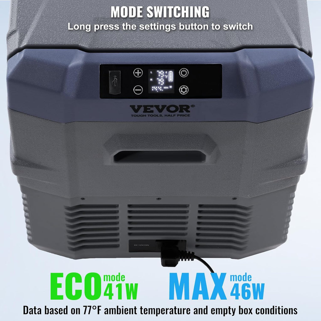 VEVOR NLS45, 12 Volt Car Refrigerator Fridge, 32 L Dual Zone Portable Freezer, -4℉-68℉ Adjustable Range, 12/24V DC and 100-240V AC Compressor Cooler for Outdoor, Camping, RV, Bule and grey