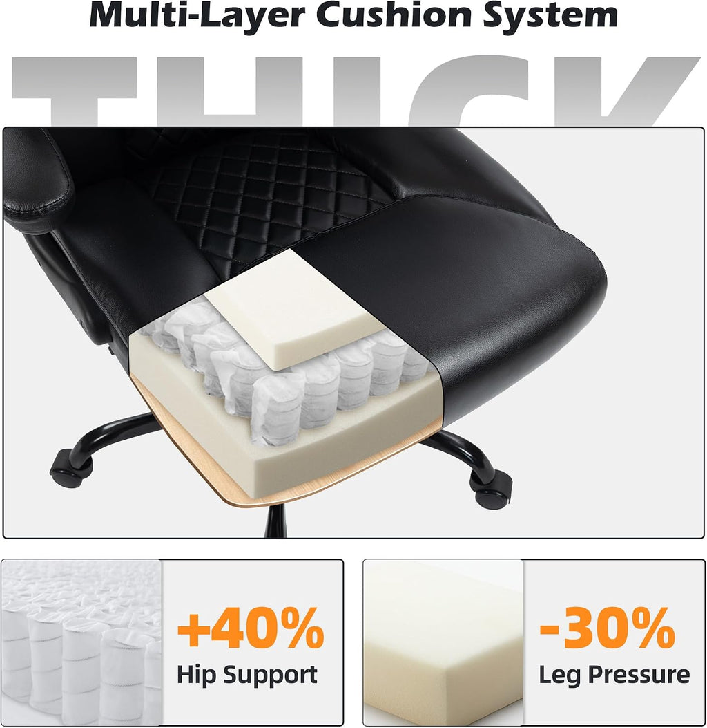 Office Chair - Ergonomic High Back Computer Desk Chair with Rocking Function & Lumbar Support - Executive Comfortable Wide Swivel Rolling Office Leather Chair with Flip-up Armrests for Home Gaming