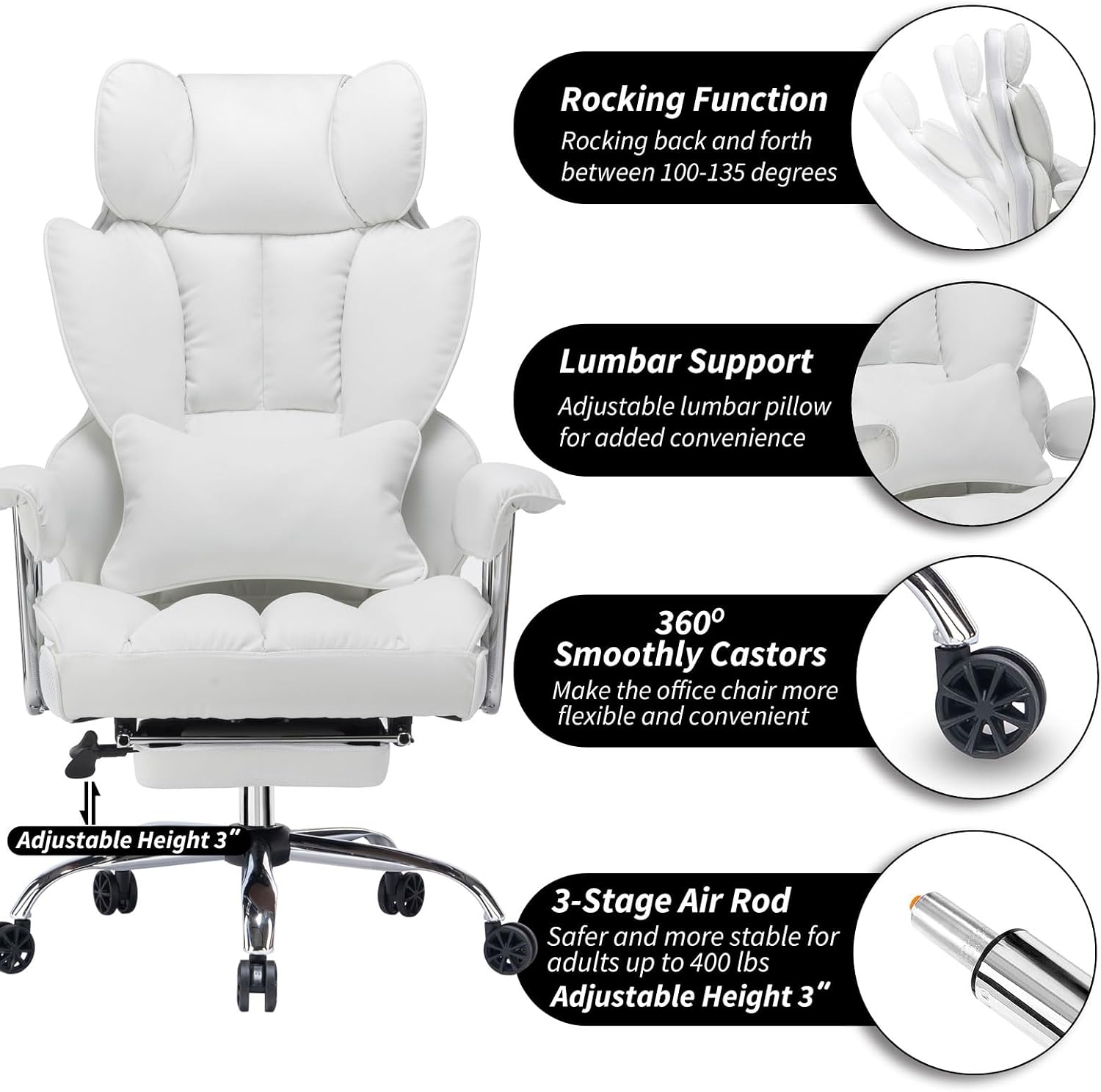 Efomao Big and Tall Office Chair, 400lbs Heavy Duty High Back Executive Chair with 23.6' Extra Wide Seat, PU Leather Desk Chair with Footrest and Padded Armrests, White