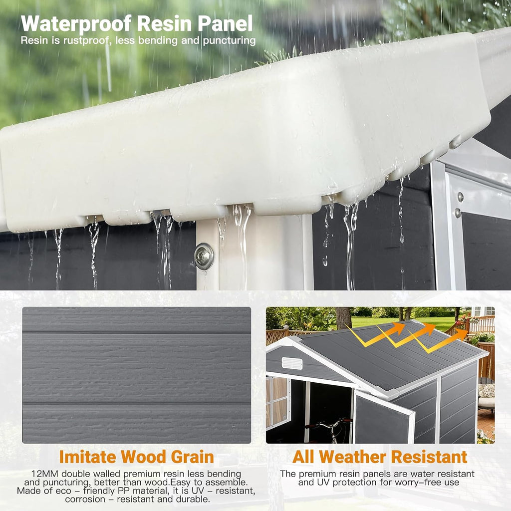 KEIKI 6x6 FT Plastic Outdoor Storage Shed, Outdoor Garden Shed with Floor & Lockable Door, Tool Shed for Backyard, Lawn, Grey