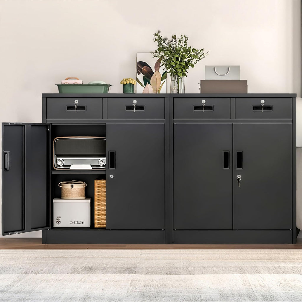 Wanfu Metal Storage Cabinet, 36' H Locking Storage Cabinet with 2 Drawers and Adjustable Shelf, Metal Cabinets for Office, Garage, Home-Black