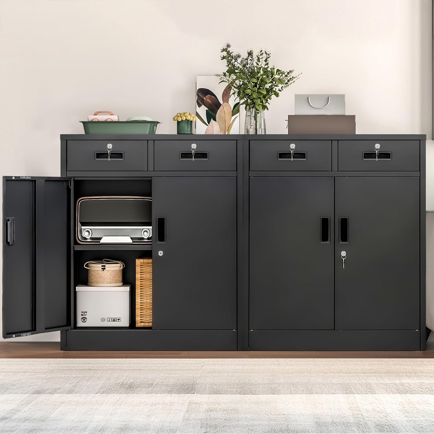 Wanfu Metal Storage Cabinet, 36' H Locking Storage Cabinet with 2 Drawers and Adjustable Shelf, Metal Cabinets for Office, Garage, Home-Black