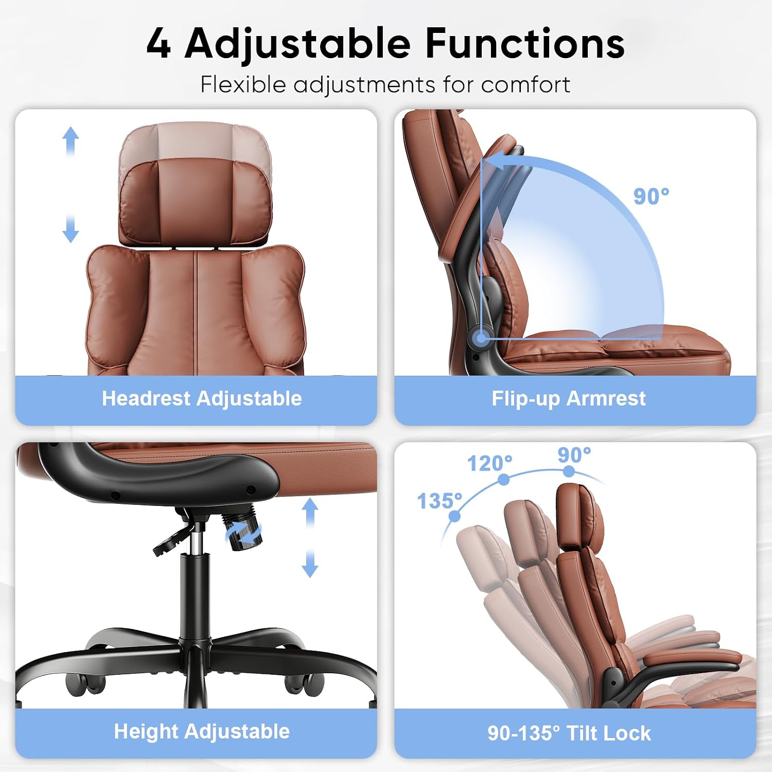 Kensaker Ergonomic Executive Office Chair with Adjustable Headrest & 90° Flip-Up Arms, High Back PU Leather Computer Desk Chair with 135° Rocking & Double Padding for Home Office Comfort, Brown