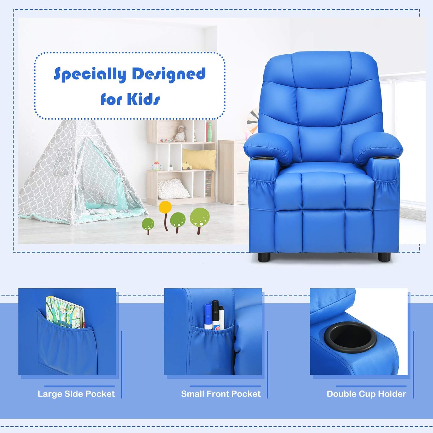 MAT EXPERT Kids Recliner, Leather Adjustable Reading Gaming Chair w/ 2 Cup Holder, 3 Side Pocket Storage & Footrest, Kids Couch Toddler Lounge Chair for Boys Girls, Kids Room Playroom Nursery (Blue)