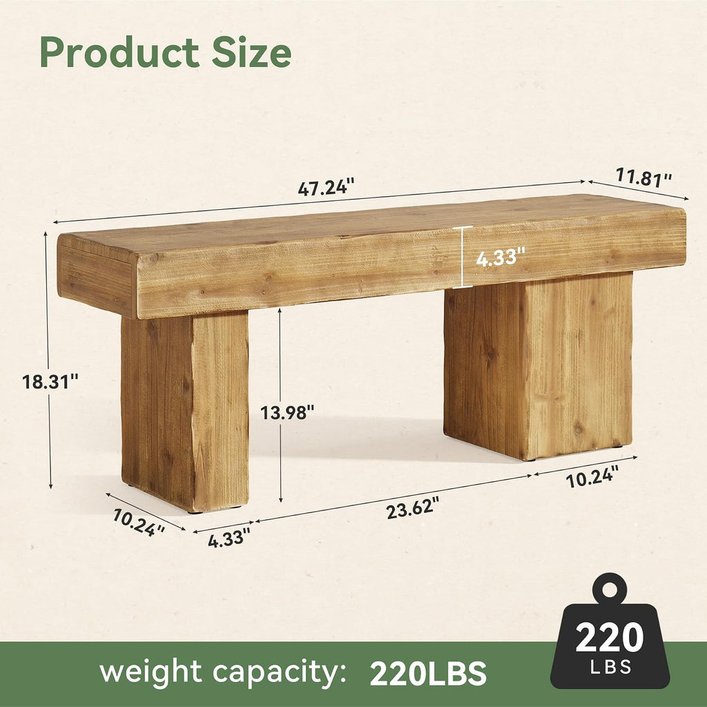 Solid Wood Bench, 47' Farmhouse Entryway Bench with Thickened Seat & Artistic Legs, Heavy Duty Indoor Bench for Bedroom, Hallway, Living Room, Indoor, Porch, Natural