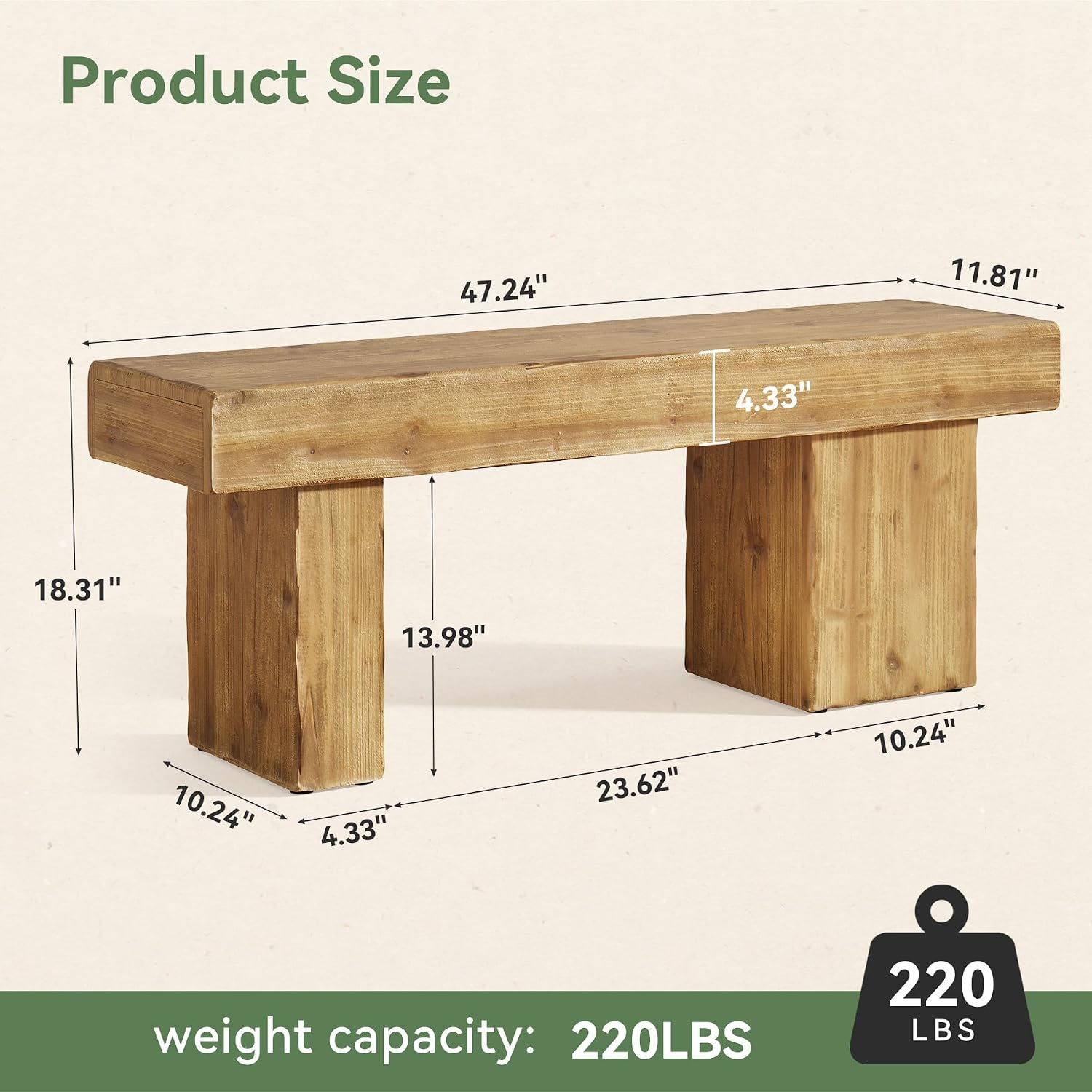 Solid Wood Bench, 47' Farmhouse Entryway Bench with Thickened Seat & Artistic Legs, Heavy Duty Indoor Bench for Bedroom, Hallway, Living Room, Indoor, Porch, Natural