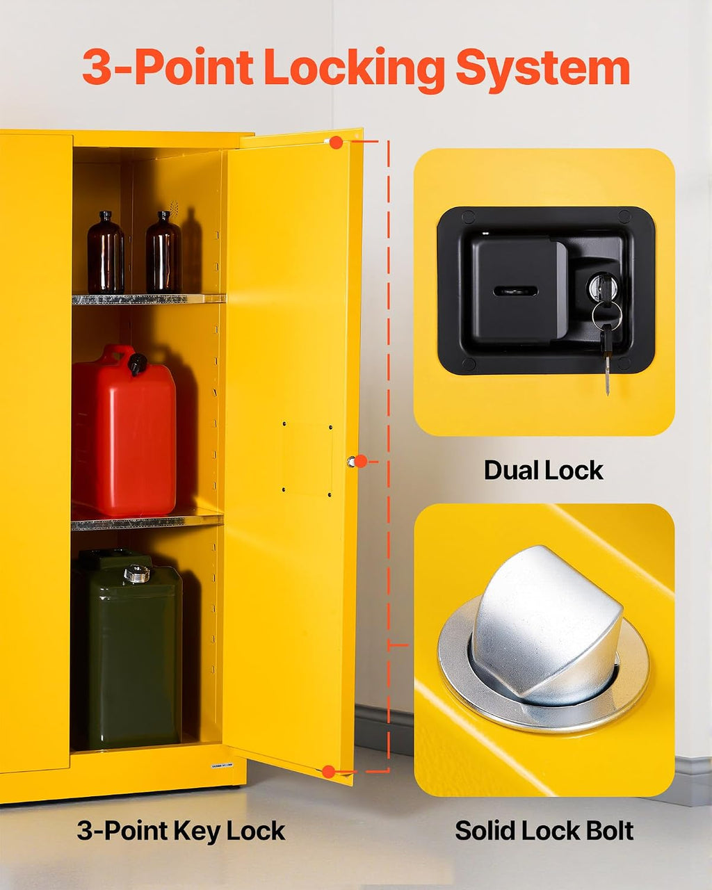 VEVOR Flammable Cabinet 34' x 38' x 65', 65 Gallon Flammable Storage Cabinet with Adjustable Shelf, Cold-Rolled and Galvanized Steel Fire Cabinets, for Commercial Industrial Home Use, Yellow