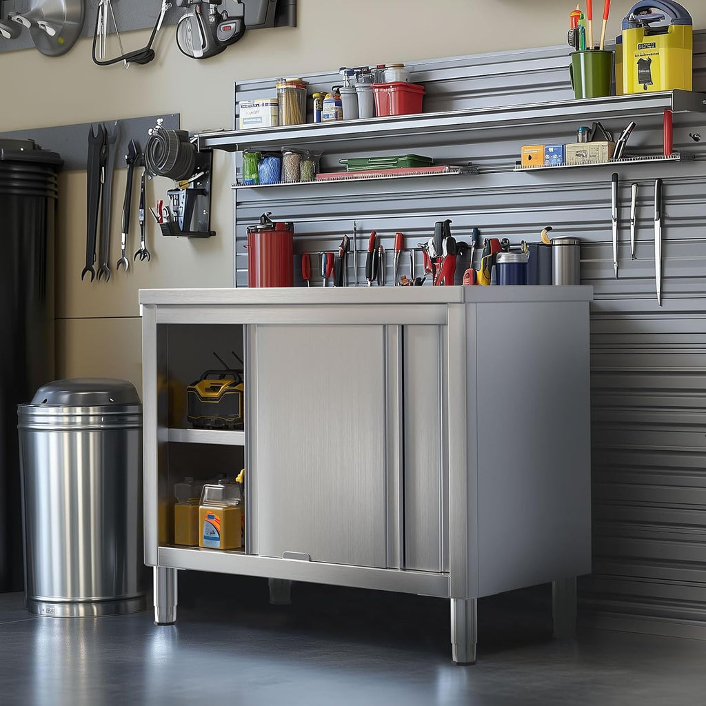 Stainless Steel Work Table with Cabinet 39'x20',Commercial Kitchen Workbench with Sliding Doors for Prep Work, Heavy Duty Prep Table for Restaurant,Garage,Warehouse