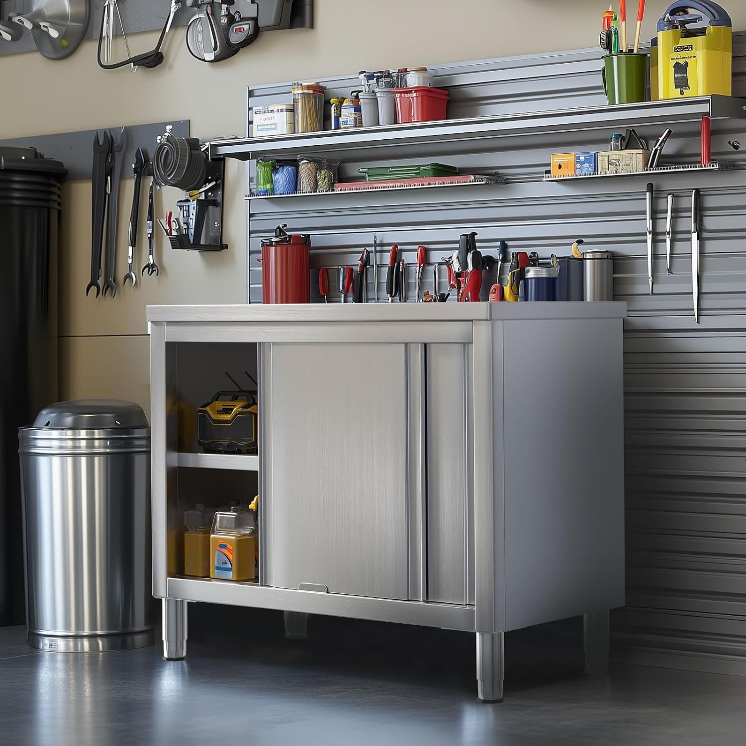 Stainless Steel Work Table with Cabinet 39'x20',Commercial Kitchen Workbench with Sliding Doors for Prep Work, Heavy Duty Prep Table for Restaurant,Garage,Warehouse