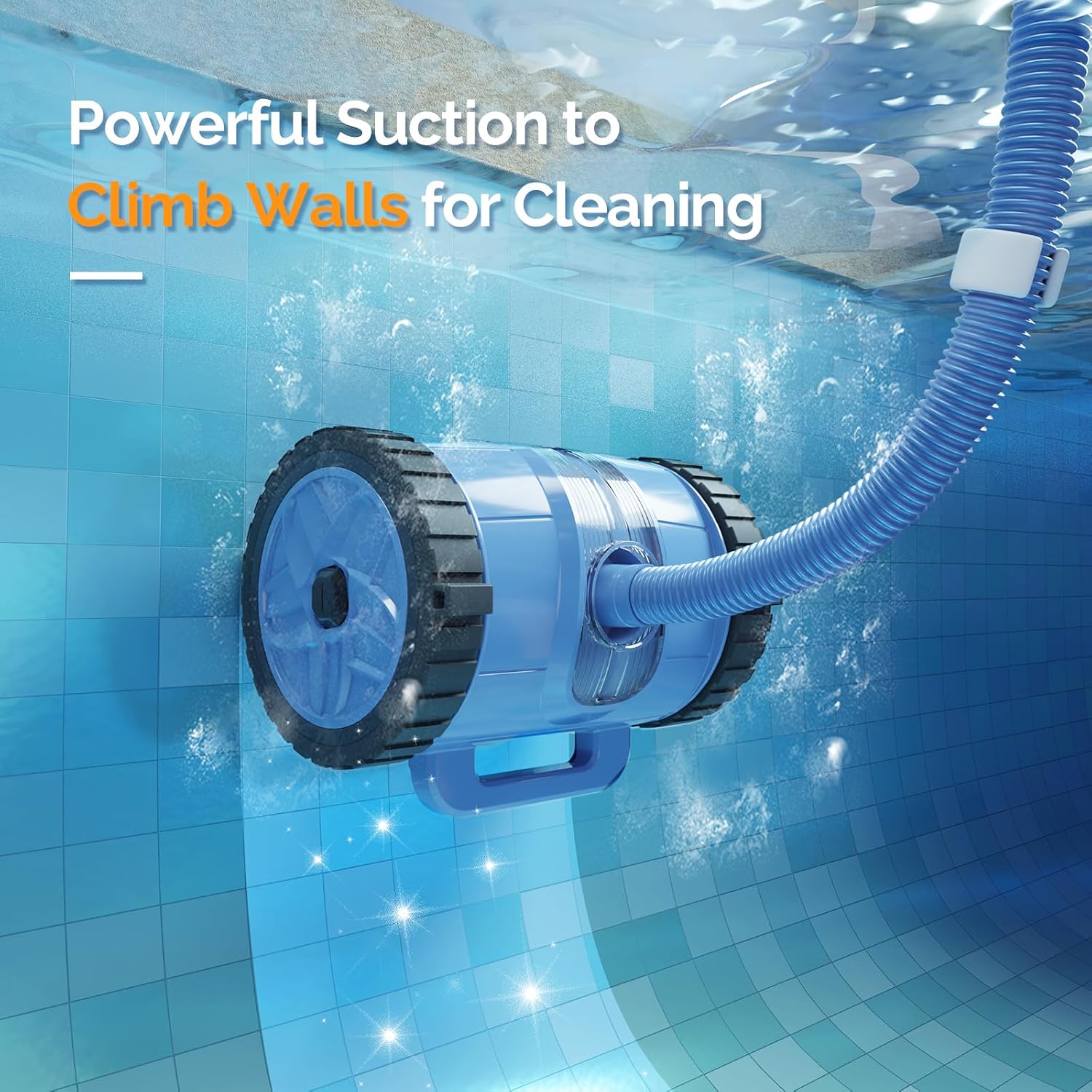 (2025 Upgrade) VINGLI Pool Vacuum Cleaner, Suction Side Wall-Climbing Sweeper for Ground&Inground Pools, Automatic Pool Vacuum with 39.6ft Tangle-Free Hose (Memory Blue&Gray)