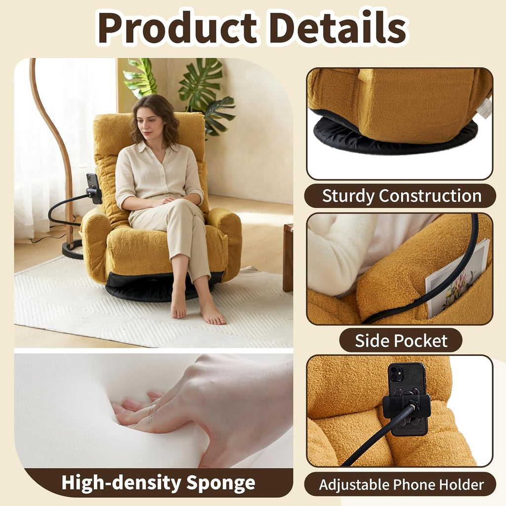 Swivel Lazy Floor Chair, Adjustable Reclining Floor Lounger with Head & Back Support and Phone Holder, Comfy Tatami Sofa Seat for Adults Bedroom & Gaming