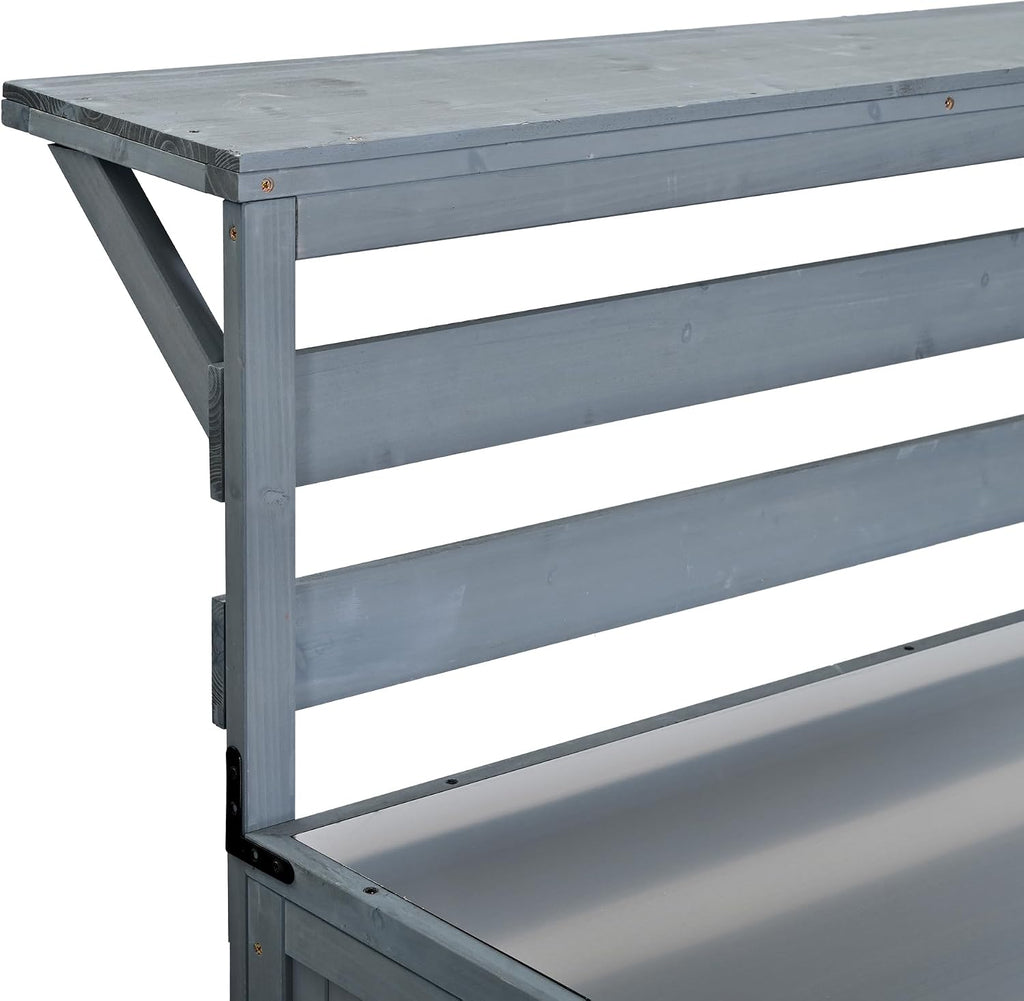 62.3'' Patio Kitchen Island, Solid Wood Kitchen Cart with Stainless Table Top, Garden Potting Bench with Raised Shelf and Drawers, Grill Prep Table for BBQ, Party (Gray-62.3'')