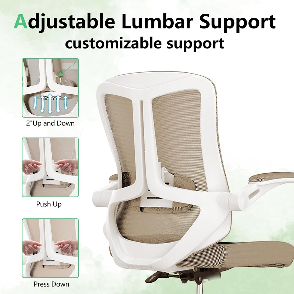 Ergonomic Office Chair with Lumbar Support, High Back Mesh Desk Chair with Flip-Up Arms, Adjustable Computer Task Chair, Khaki