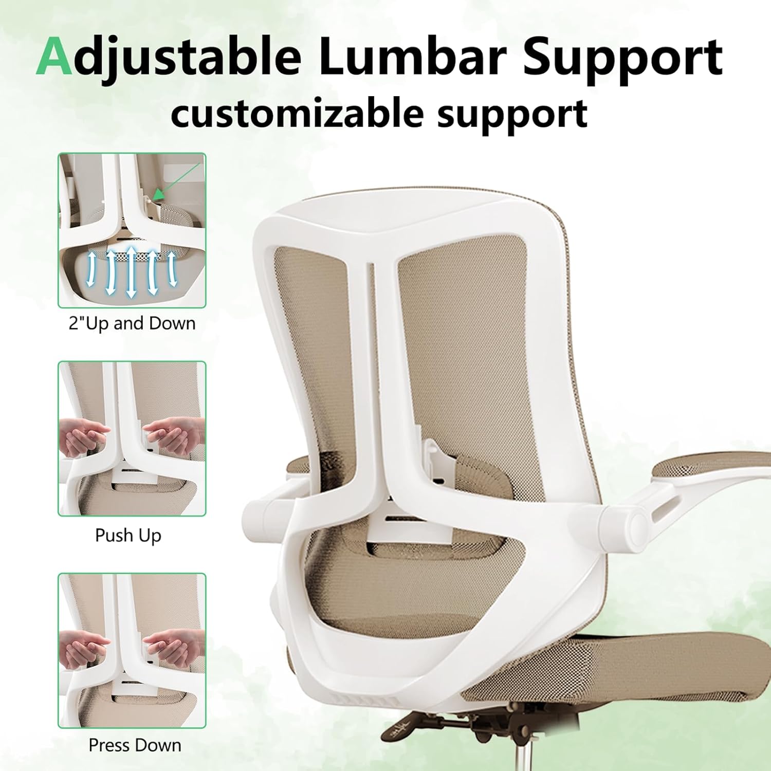 Ergonomic Office Chair with Lumbar Support, High Back Mesh Desk Chair with Flip-Up Arms, Adjustable Computer Task Chair, Khaki