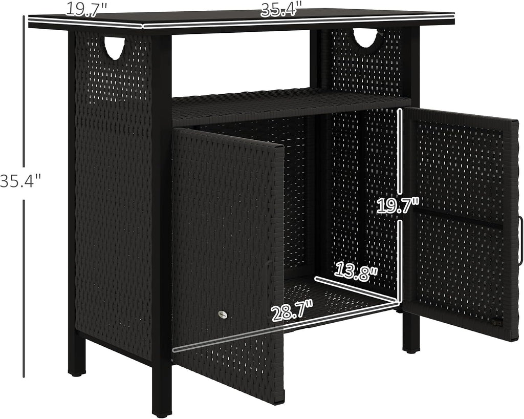Outsunny Outdoor Pool Towel Storage Cabinet Organizer, Outdoor Bar Table with Shelf and Cabinet, Pool Towel Holder Pool Valet with Weather-Resistant PE Rattan and Steel Frame, Espresso
