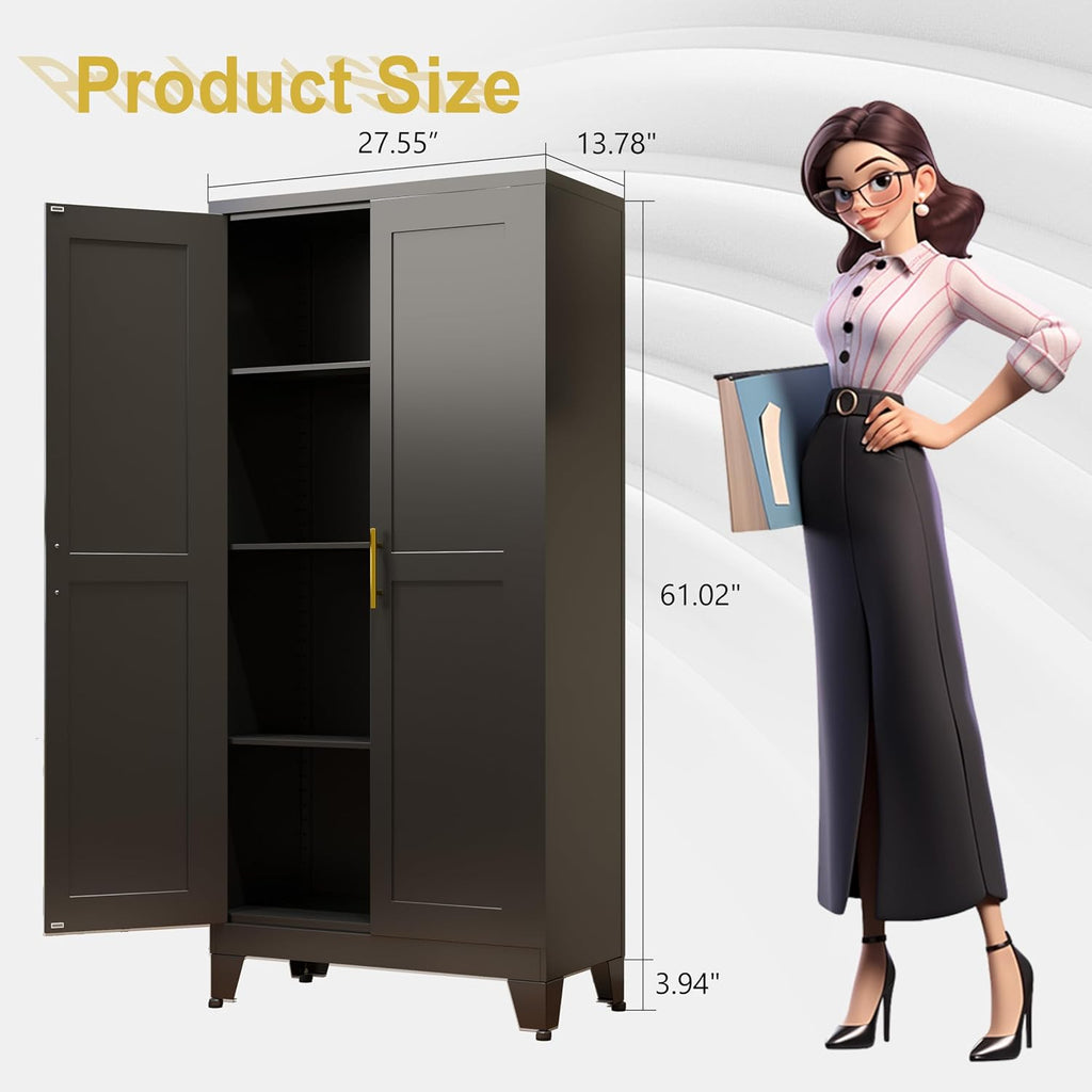 pozdeg Metal Storage Cabinet - 61' Tall Steel File Cabinets with 2 Doors and 3 Adjustable Shelves Versatile Storage Pantry Cabinet for Home Office Warehouse Garage or Outdoor (Black)