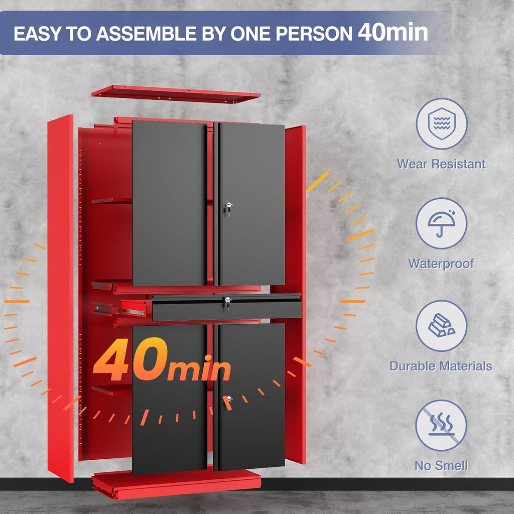 Metal Garage Storage Cabinet with Locking Doors and Drawer, 71' Steel Tool Storage Cabinet with Adjustable Shelves for Garage,Office,Warehouse (Red Black)