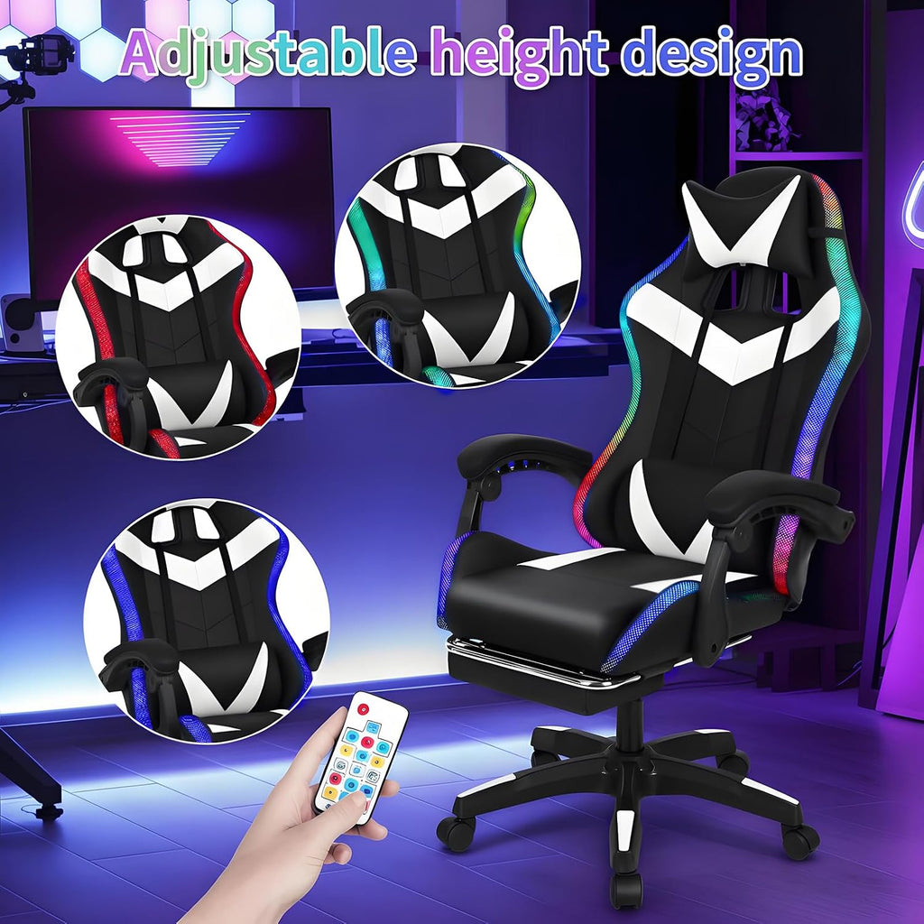 BENBOR Gaming Chair,Office Massage Computer Chair with Bluetooth Speaker,RGB LED Lights,Adjustable Height Swivel Task Chair with Footrest Lumbar Support,Video Game Chair for Adults (White)