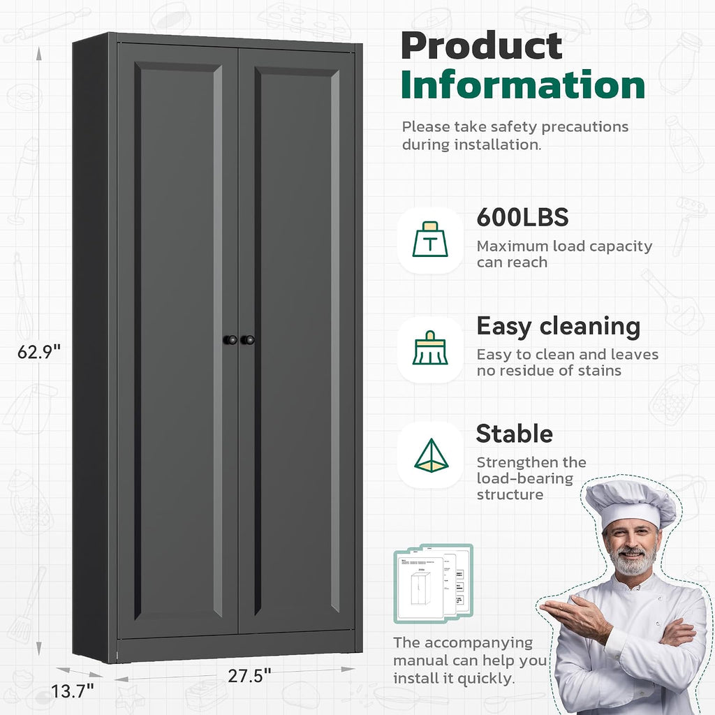 Greenvelly 63' H Black Metal Pantry Storage Cabinet, Locking Metal Cabinet with 4 Adjustable Shelves and 2 Doors for Kitchen, Home, Garage, Pantry
