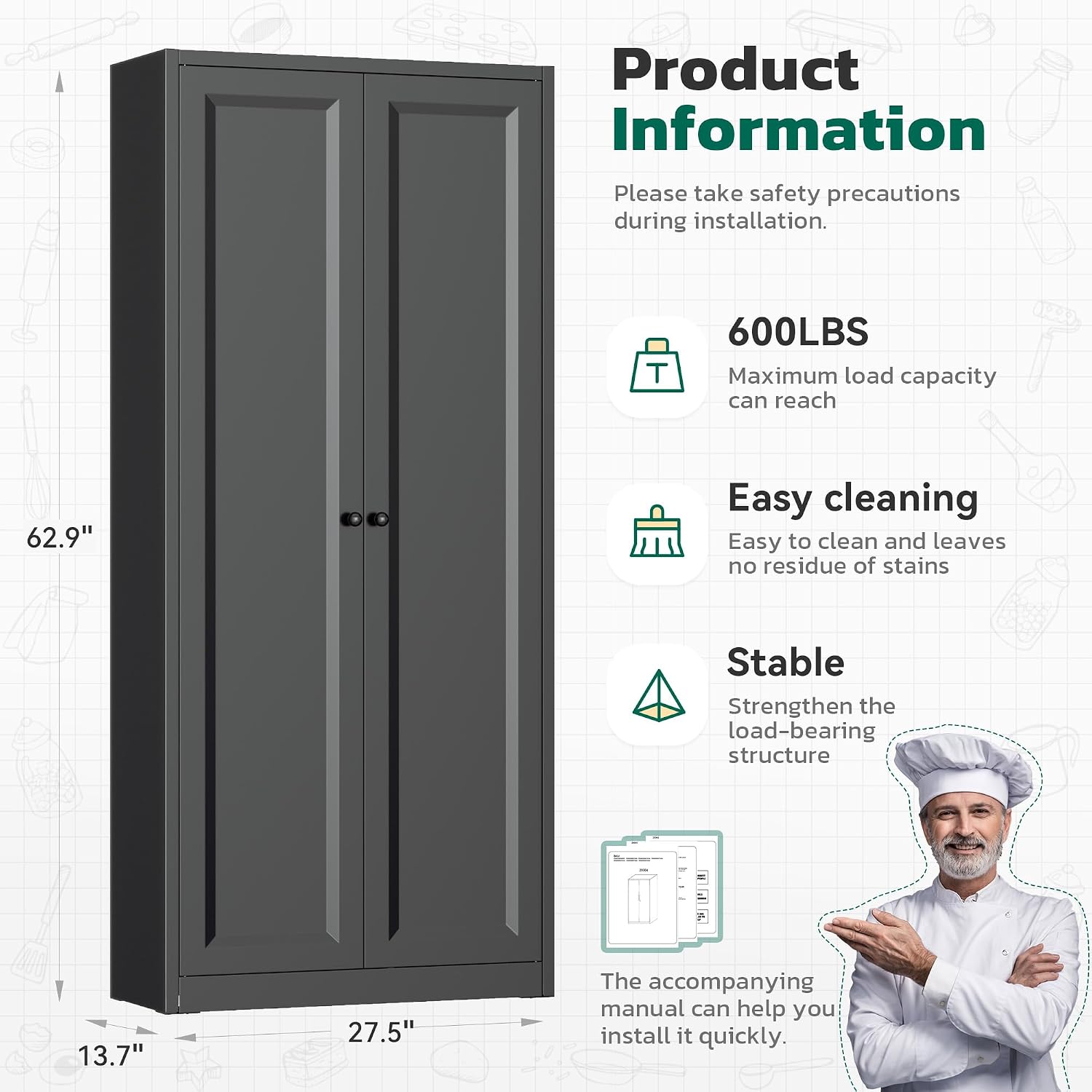 Greenvelly 63' H Black Metal Pantry Storage Cabinet, Locking Metal Cabinet with 4 Adjustable Shelves and 2 Doors for Kitchen, Home, Garage, Pantry