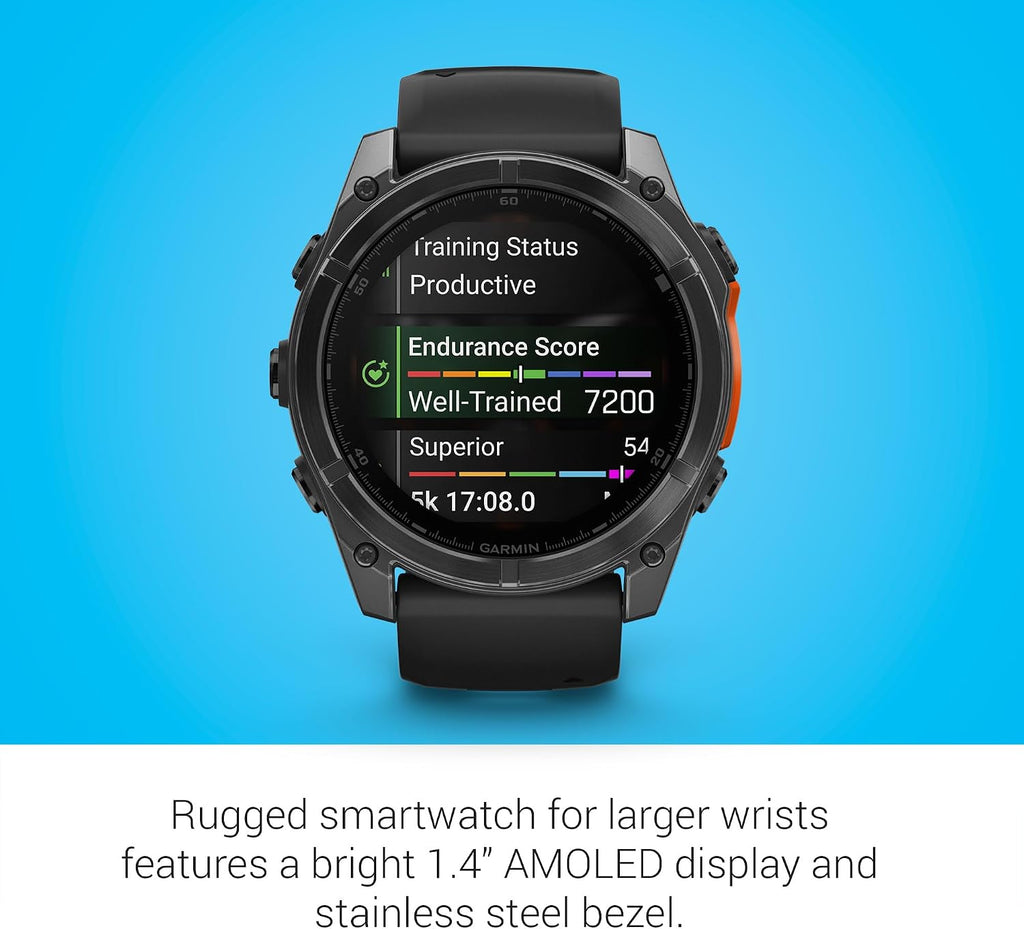Garmin Fenix 8 Premium Multisport GPS Running Smartwatch, 51 mm | AMOLED, Dive-Rated, Built-in Flashlight | Slate Gray with Black Band with Signature Series Charging Stand