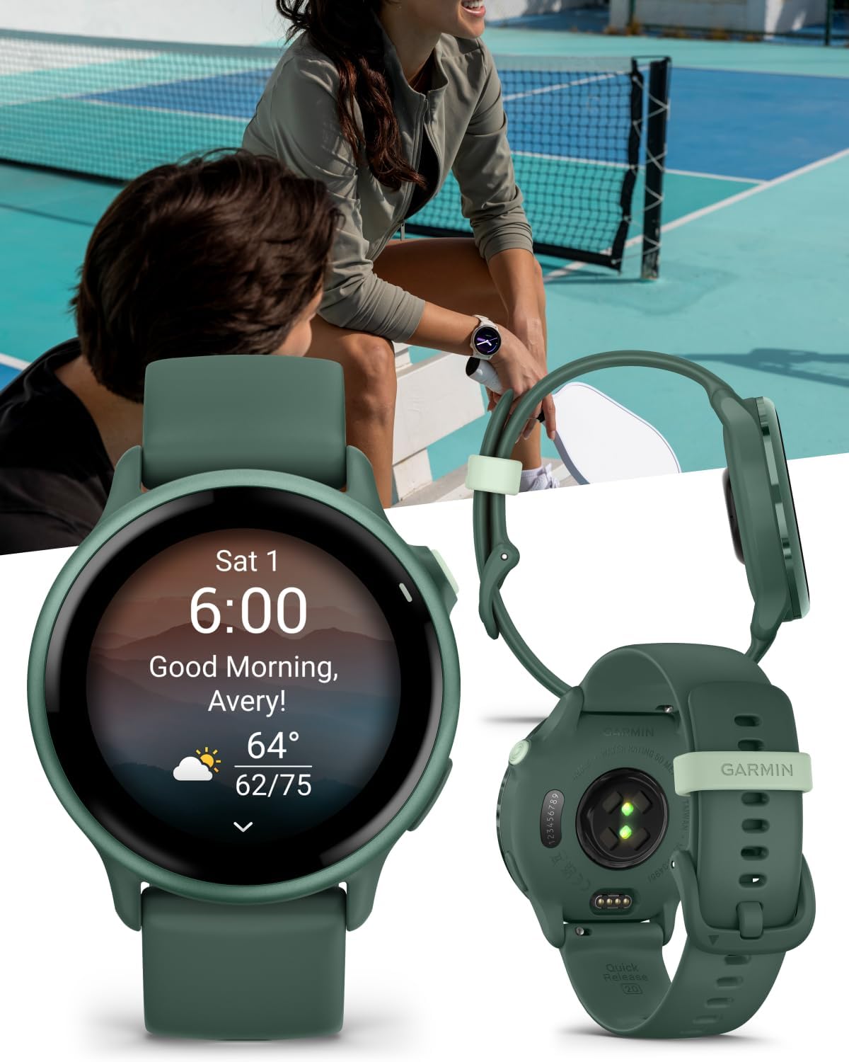Garmin Vivoactive 6 - Health & Fitness Smartwatch, 1.2 in Bright AMOLED, GPS Sports Tracking, Up to 11 Days of Battery, Metallic Jasper Green & Jasper Green Band w White Earbuds Bundle