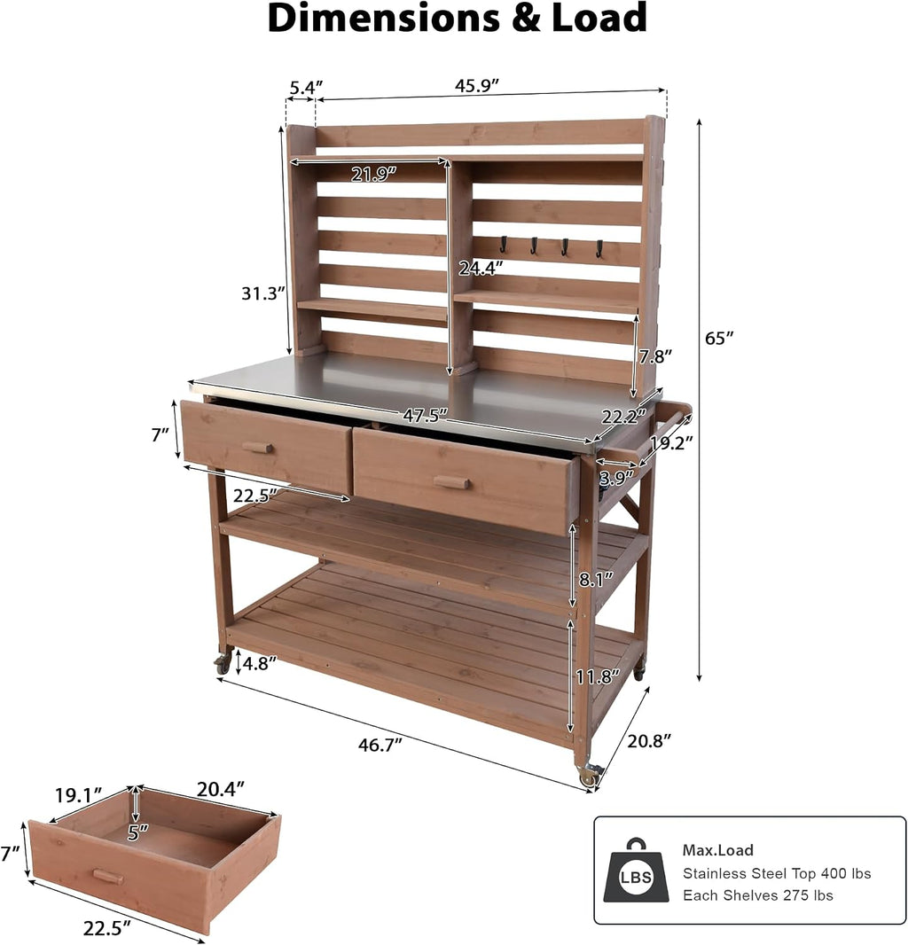 64.9' H Outdoor Potting Bench Table with Lockable Wheels, Solid Wood Outdoor Cabinet with Upper Hutch, Towel Rack,Outdoor Storage for Lawn Garden, Brown