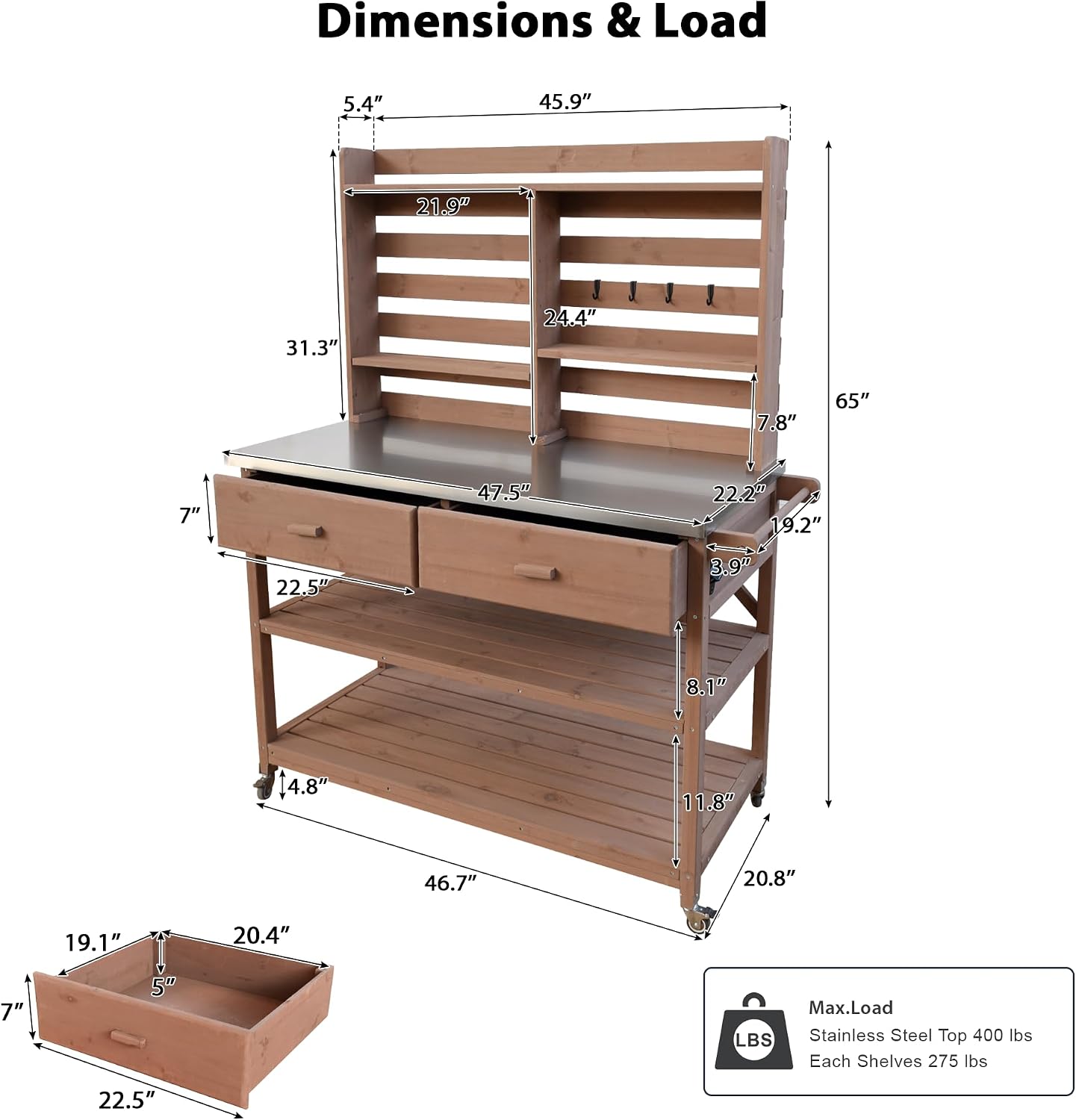 LUMISOL Outdoor Potting Bench Table with Upper Hutch, Solid Wood Outdoor Kitchen Island with Lockable Wheels & Stainless Steel Top, 64.9' H Rolling Grill Cart & Storage Cabinet with Towel Rack, Brown