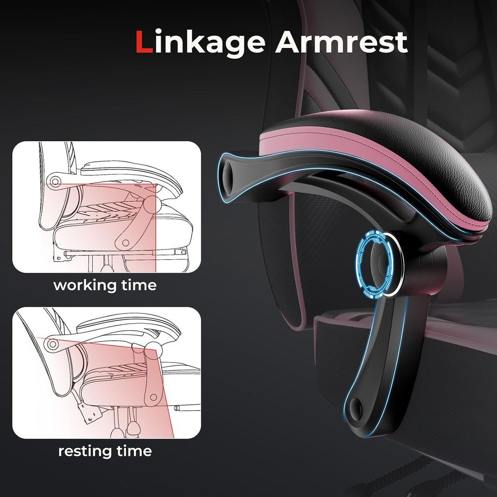 POWERSTONE Gaming Chair Video Game Chair with Footrest and Lumbar Support Racing Style PU Leather Computer Chair Ergonomic Adjustable Swivel Task Chair Pink