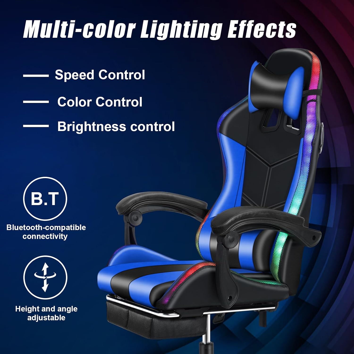 Gaming Chair with Speakers, Gamer Chair with Massage Height Adjustable, Ergonomic Office Computer Gaming Chair with Bluetooth-Compatible and RGB LED Lights for Adults Women Men (Blue)