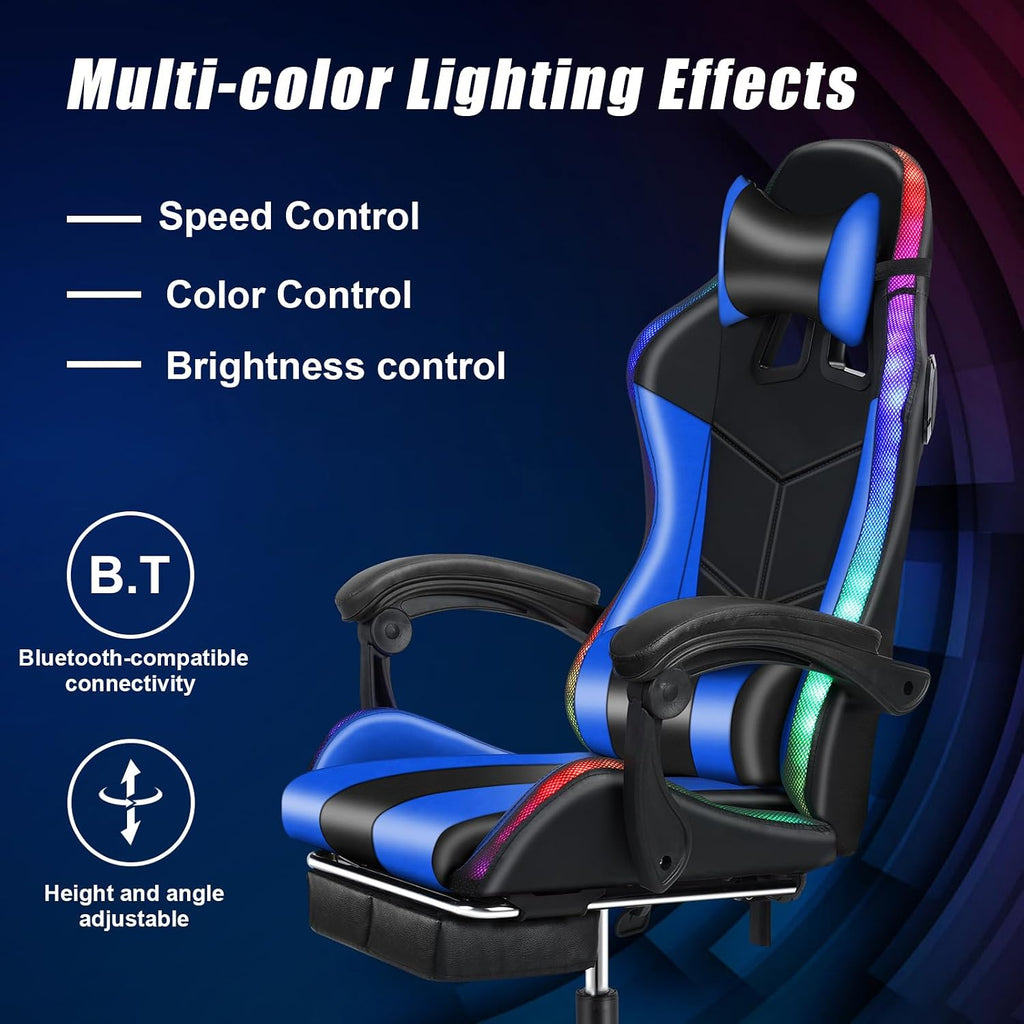 Gaming Chair, Office Chair with Foot Rest, Pocket Spring Cushion, Speakers Ergonomic Chair Massage Chair Multiple Led Light Gaming Chairs for Adults 350lbs Black Blue