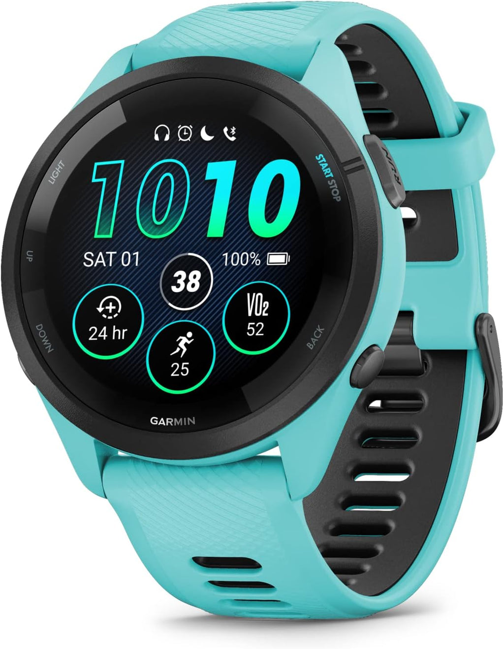 Garmin Forerunner 265 Music GPS Running 46 mm Smartwatch, Aqua with AMOLED 1.3 in Touchscreen Display Black Earbuds Bundle, Aqua +Blk EarBuds