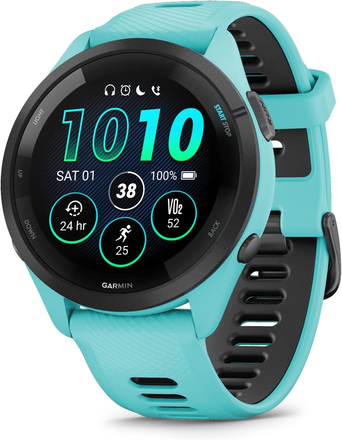 Garmin Forerunner 265 Music GPS Running 46 mm Smartwatch, Aqua with AMOLED 1.3 in Touchscreen Display Black Earbuds Bundle, Aqua +Blk EarBuds
