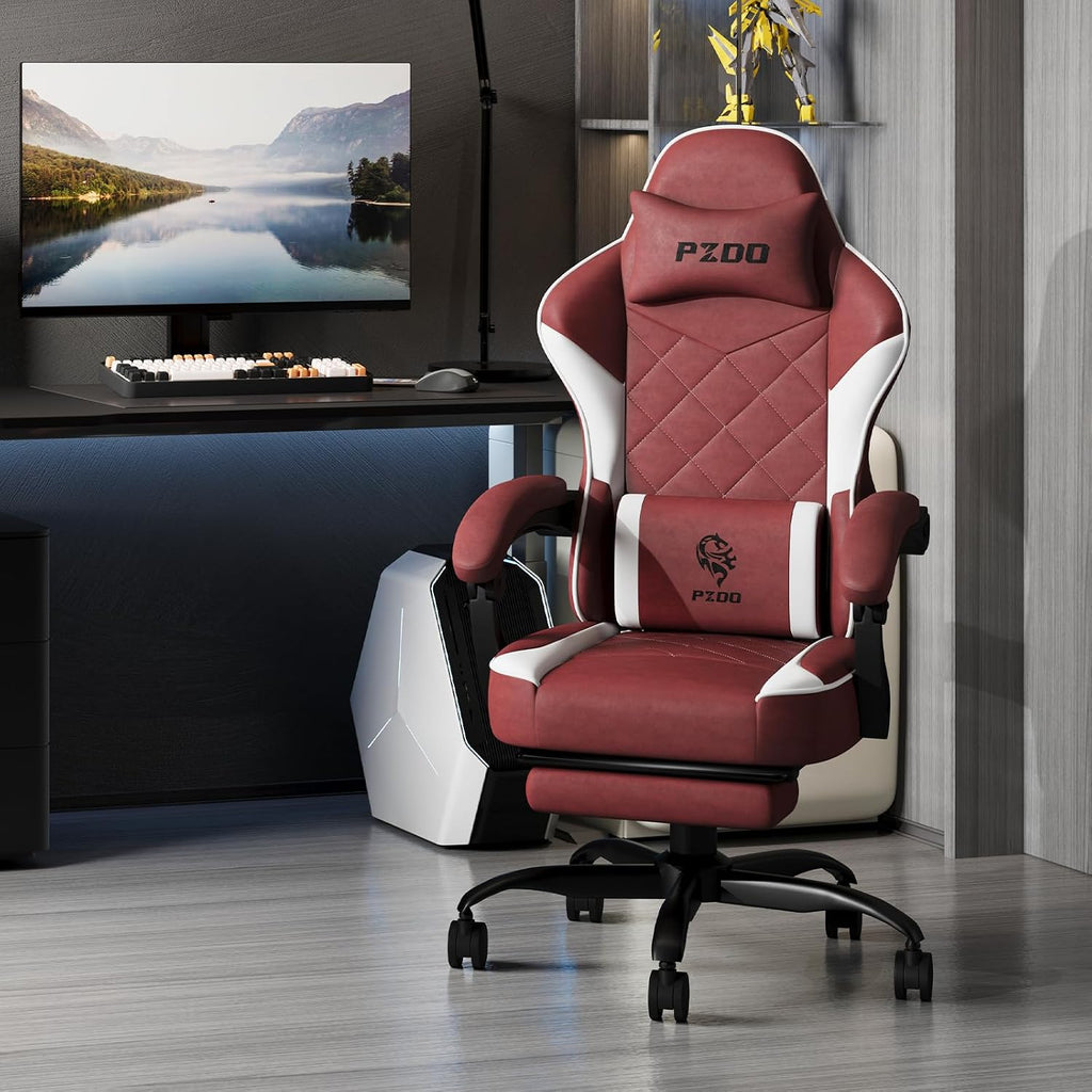 Ergonomic Gaming Chairs for Adults with Retractable Footrest, Fabric Racing Gaming Chair, Height Adujustable Computer Chair Swivel PC Gamer Chairs with Lumbar Support, Gift, 150KG, Red