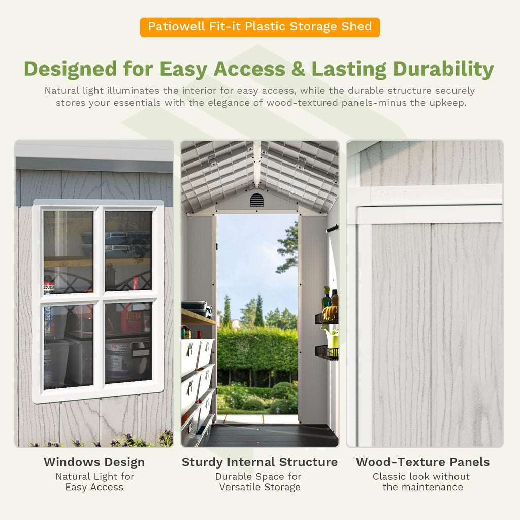 Patiowell 4 x 4 FT Plastic Outdoor Storage Shed with Floor, Garden Tool Shed with Two Windows and Single Lockable Door for Garden, Backyard, Lawn, Easy to Install, Light Grey