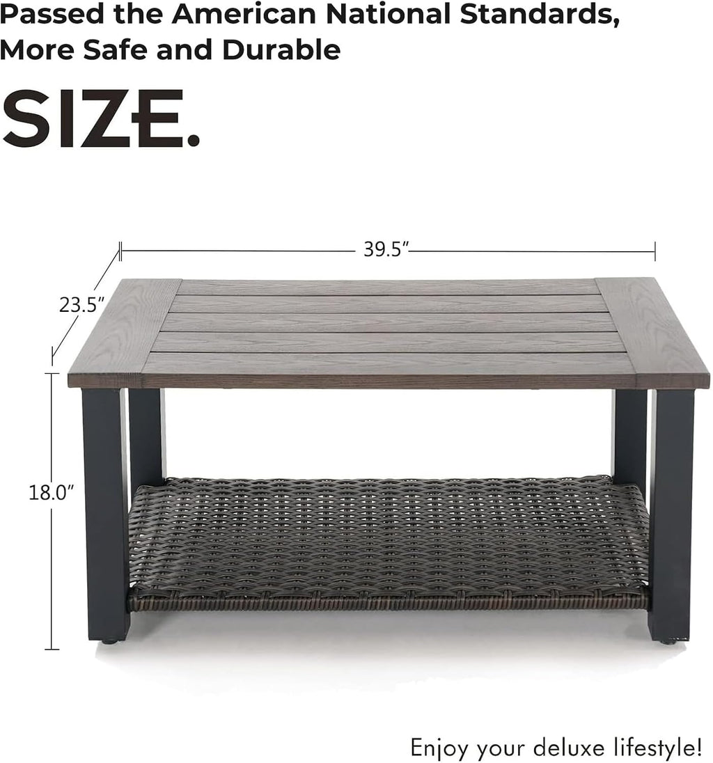 Grand patio Outdoor Coffee Table with Wicker Shelf Storage, 40-inch Rectangle Modern Patio Coffee Table with Faux Wood Tabletop, Fits with Outdoor Conversation Set