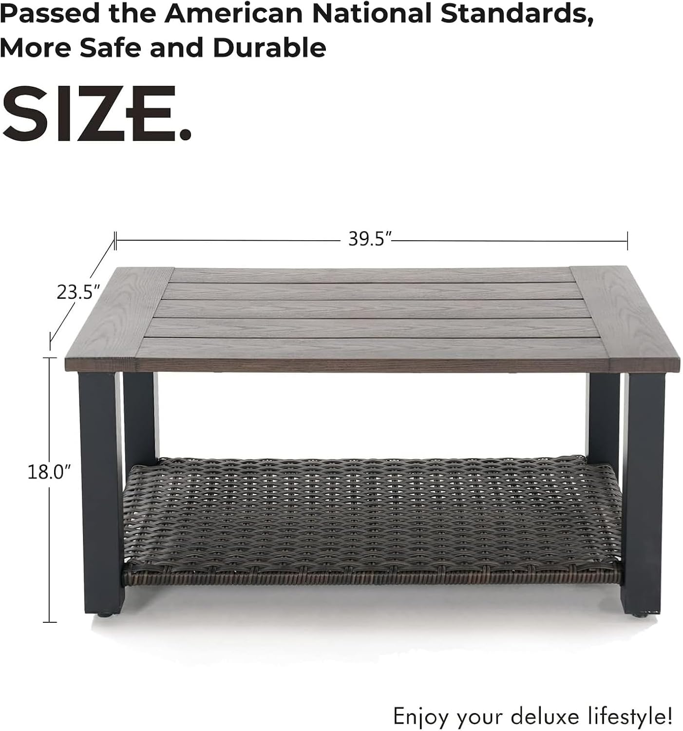Grand patio Outdoor Coffee Table with Wicker Shelf Storage, 40-inch Rectangle Modern Patio Coffee Table with Faux Wood Tabletop, Fits with Outdoor Conversation Set