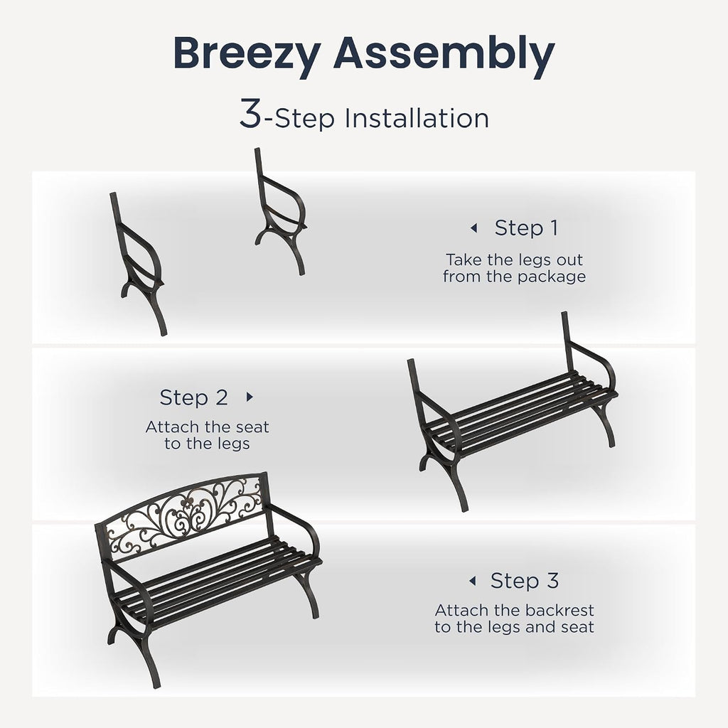 PHI VILLA 50Inch Cast Iron Steel Frame Garden Bench Patio Furniture Chair Outdoor Bench w/Floral Design Backrest, Slatted Seat for Park, Yard & Porch, Bronze