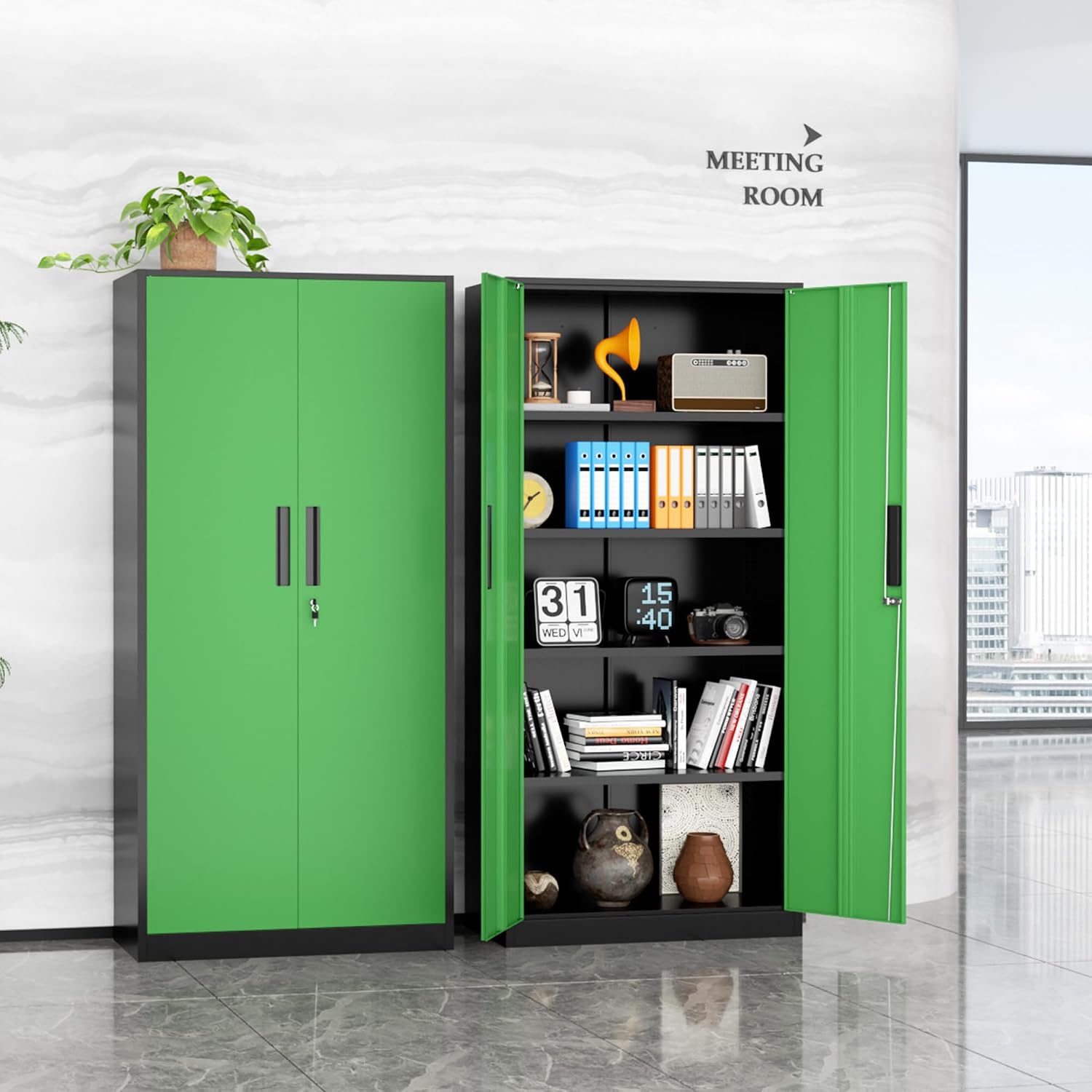 INTERGREAT Metal Storage Cabinet, 72' Locking Steel Cabinets with 2 Door and 4 Adjustable Shelves, Tall Metal Cabinet for Home Office, Garage, Warehouse,(Black+Green)