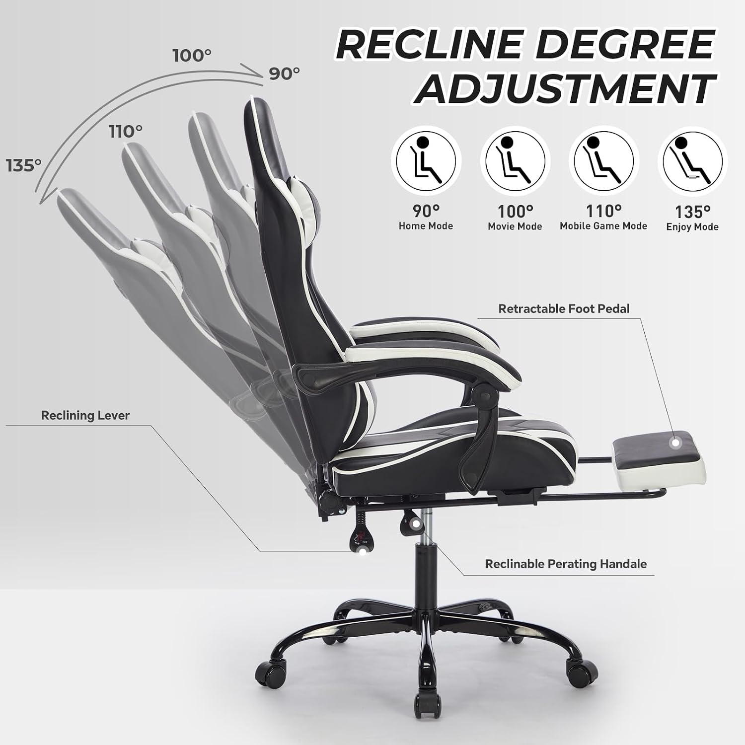 Gaming Chair with Footrest, Ergonomic Computer Chair with Headrest and Lumbar Support, Breathable Material Height Adjustable Swivel Video Game Chairs for Adults, 300lbs Max, Black & White