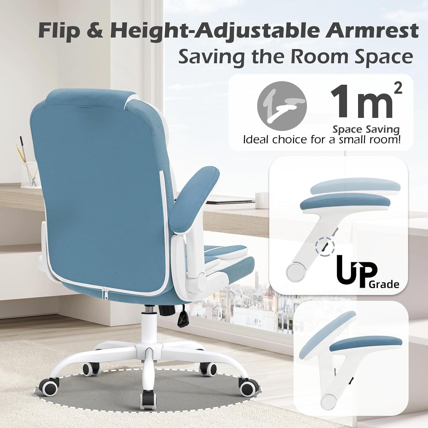 SEATZONE Blue Office Chair Leather Ergonomic Executive Computer Desk Chairs Small Cute Rolling Task Chairs for Teens&Adults