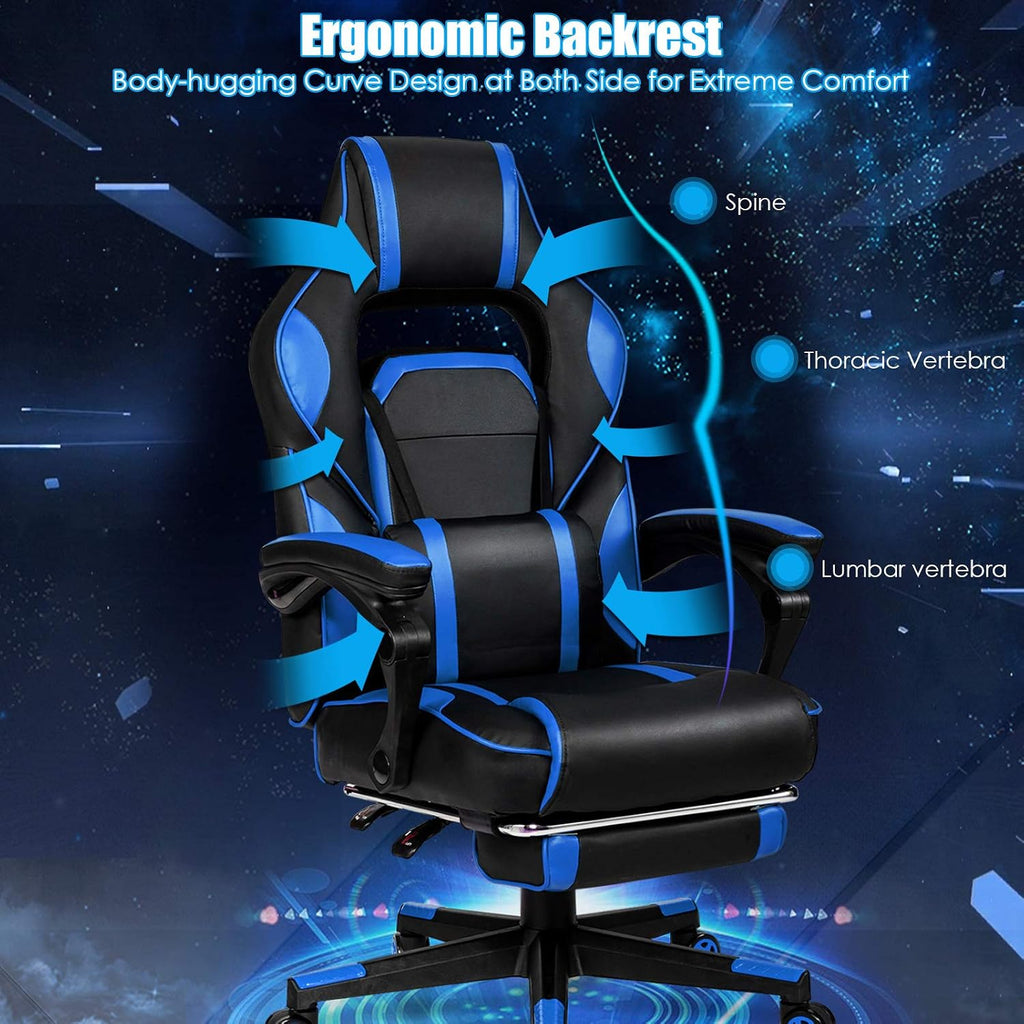 Giantex Ergonomic Gaming Chair, Executive Computer Office Chair with USB Massage Lumbar Cushion and Retractable Footrest, High Back Swivel Chair with Backrest and Height Adjustable (Blue)