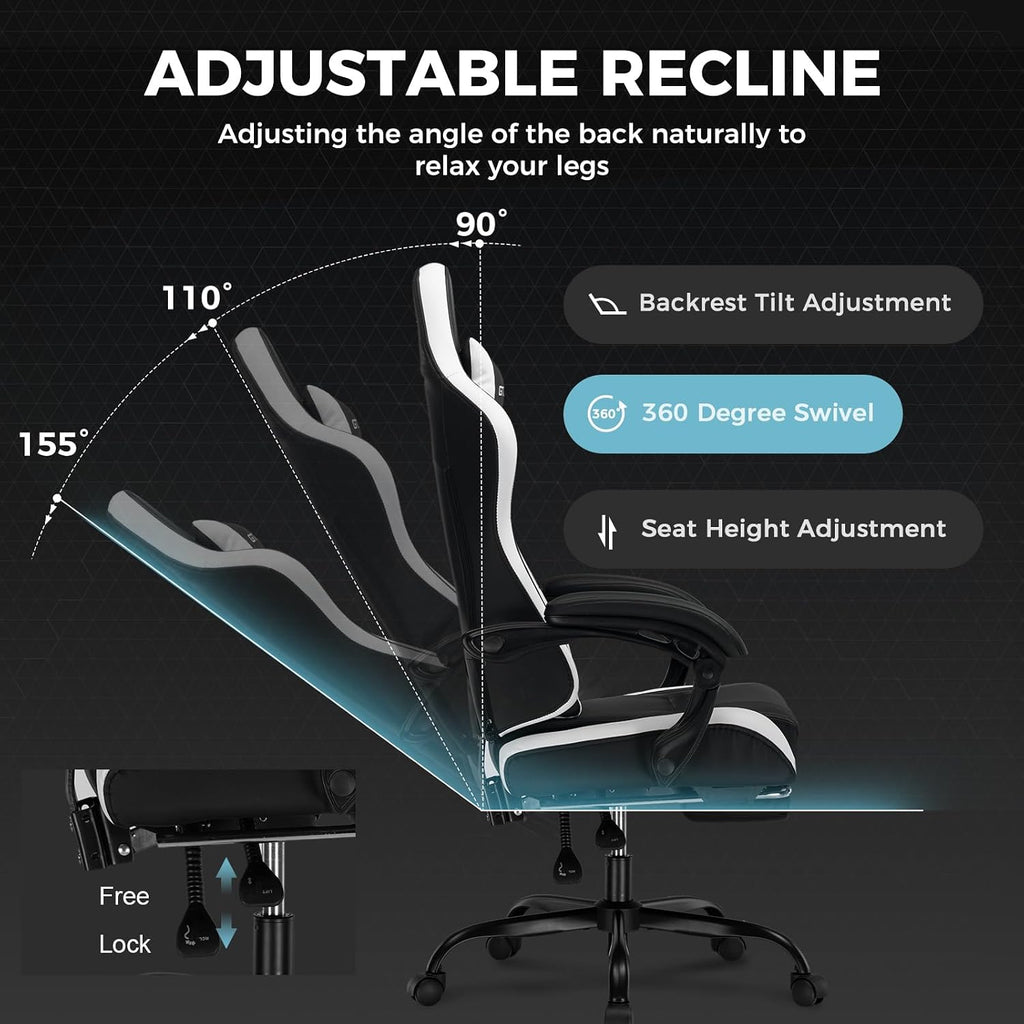 GTPLAYER Gaming Chair High Back Ergonomic Gamer Seat with Footrest and Lumbar Support Adjustable Reclining Swivel Computer Office Desk Chairs for Adults(White)