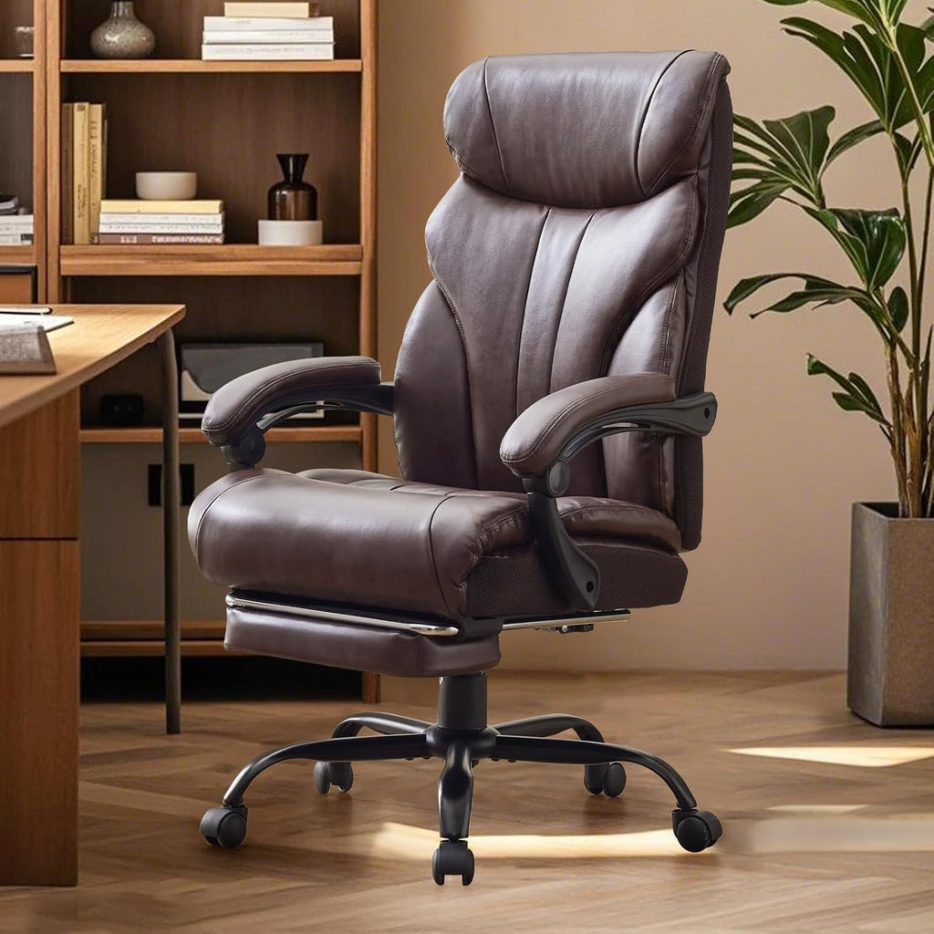Comfortable Office Desk Chair 500 LBS, Big and Tall Office Chairs with Footrest,90-155°Recline Executive Leather Gaming Chair for Heavy People, Long Hours,Coffee Color