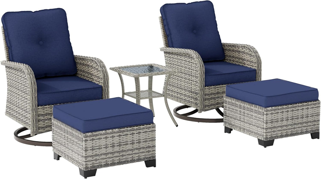 Outdoor Patio Furniture Set Patio Rocking Swivel Chair with Tempered Glass Side Table, Outdoor Wicker Rattan Bistro Set with Ottomans for Garden, Deck, and Balcony, Blue