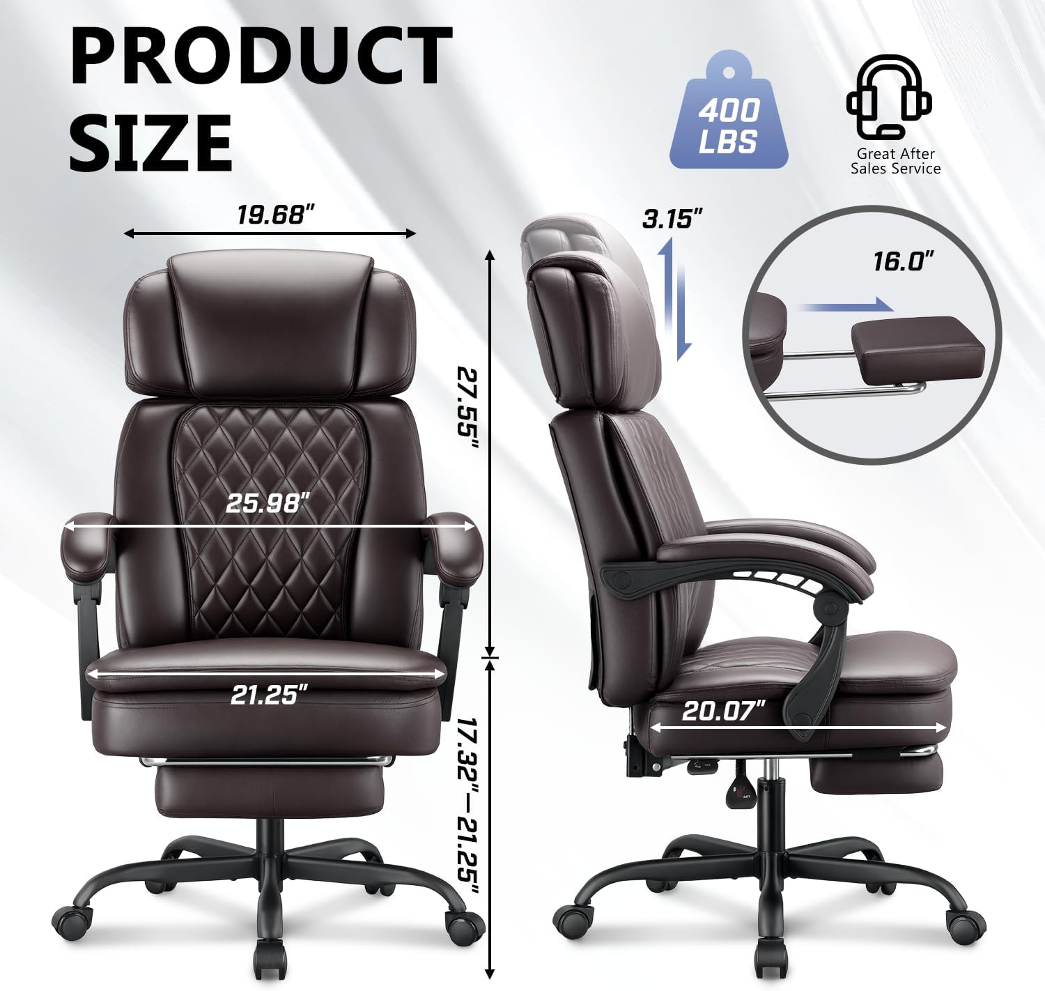 400lbs Executive Office Chair with Foot Rest for Heavy People, Ergonomic Big and Tall Desk Chair with Adjustable Headrest, High Back PU Leather Comfy Heavy Duty Computer Chair